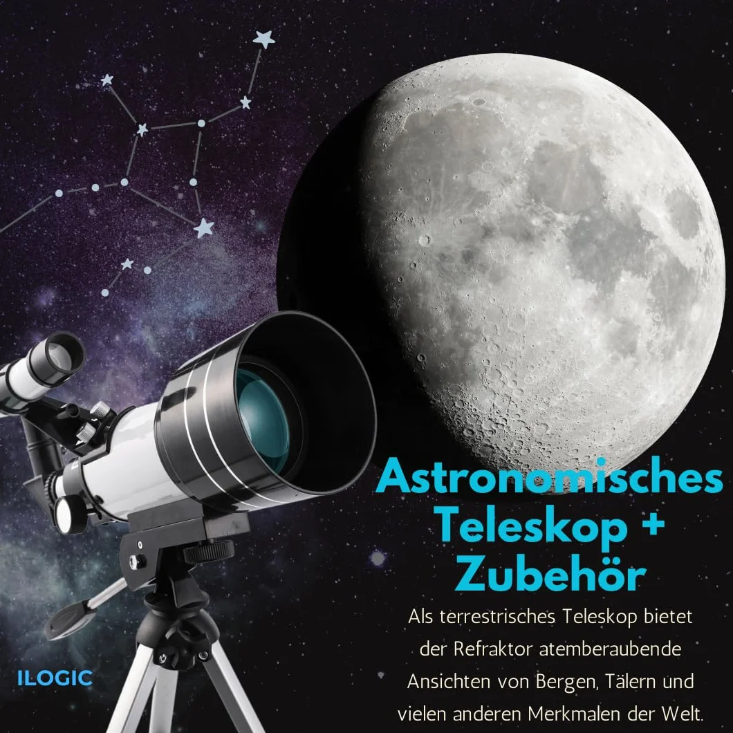 iLogic Teleskop astronomiczny z soczewką Barlow X3 i dwoma okularami powiększającymi do powiększenia od x18 do x180! luneta refraktorowa + okulary + akcesoria teleskopowe iLogic F30070M