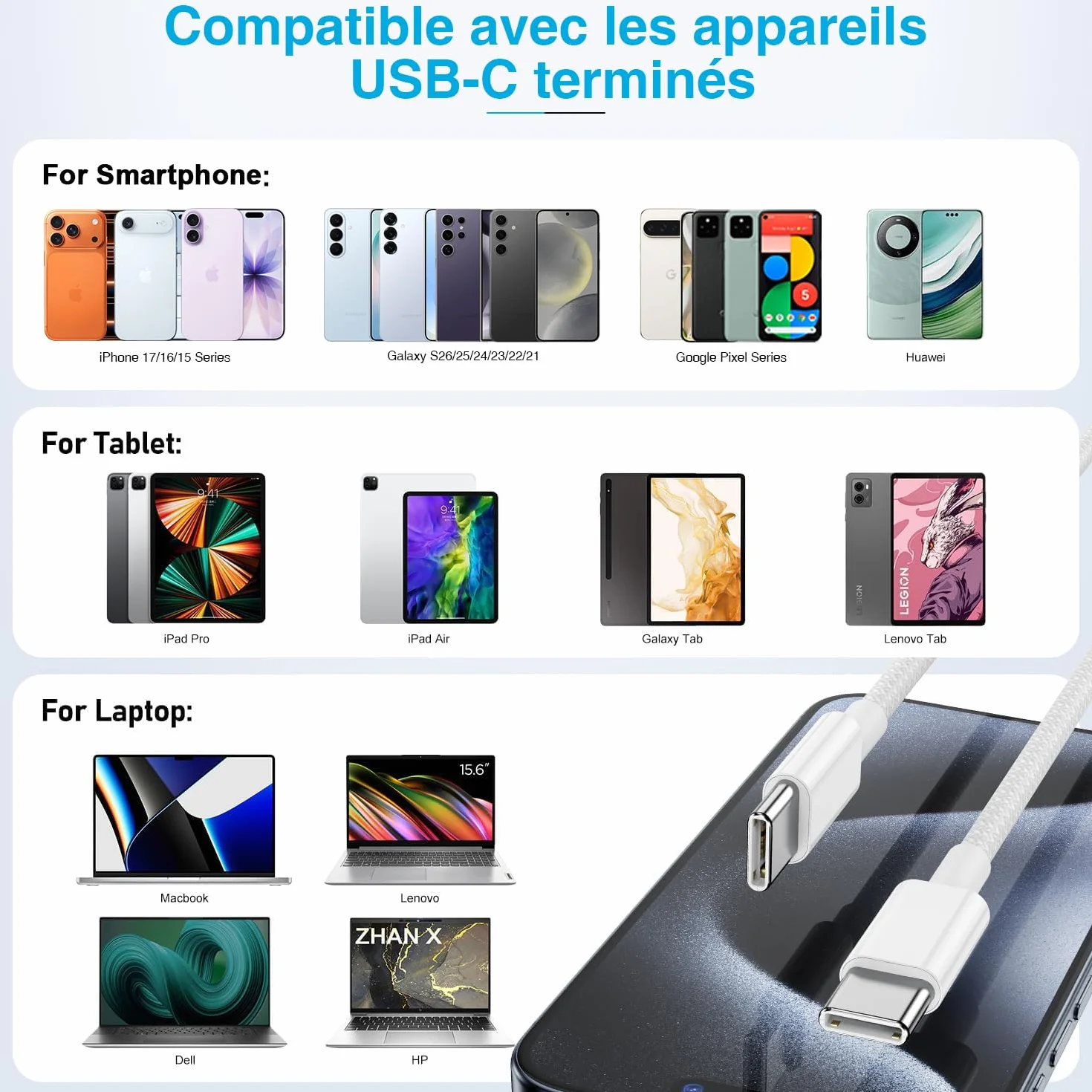 Câble USB C vers USB C 2m 60W Charge Rapide pour iPhone 16 15 Pro Max Pro Plus iPad Pro MacBook Air Pro Samsung Galaxy