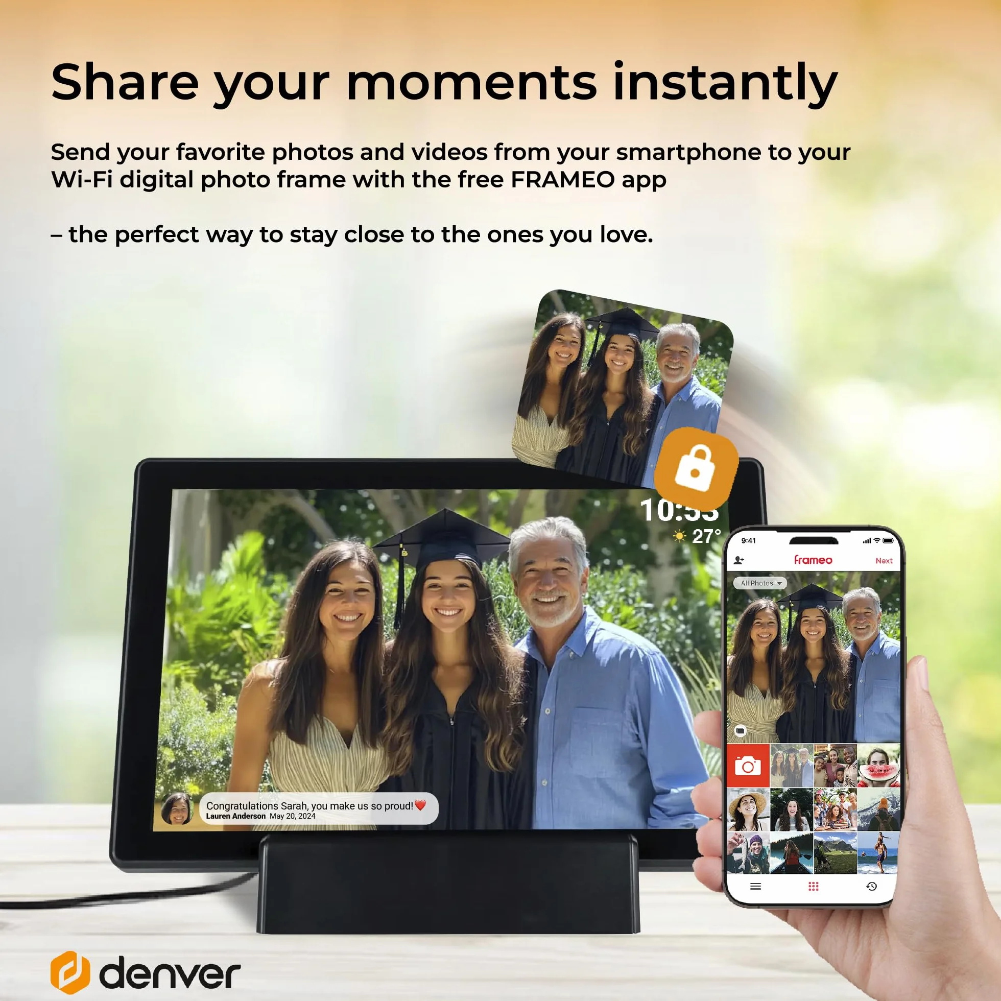 Denver PFF-1070B | cyfrowa ramka na zdjęcia Wi-Fi 10,1" z akumulatorem | ekran dotykowy HD IPS | aplikacja FRAMEO i pamięć 16 GB | czarna