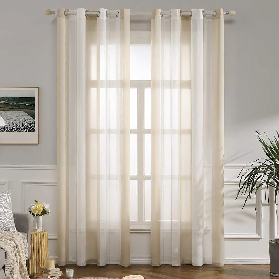 MIULEE Rideaux Voilage à Rayures Blancs et Beige, Voilage Fenêtre avec Oeillets, Hauteur 245 cm, Lot de 2