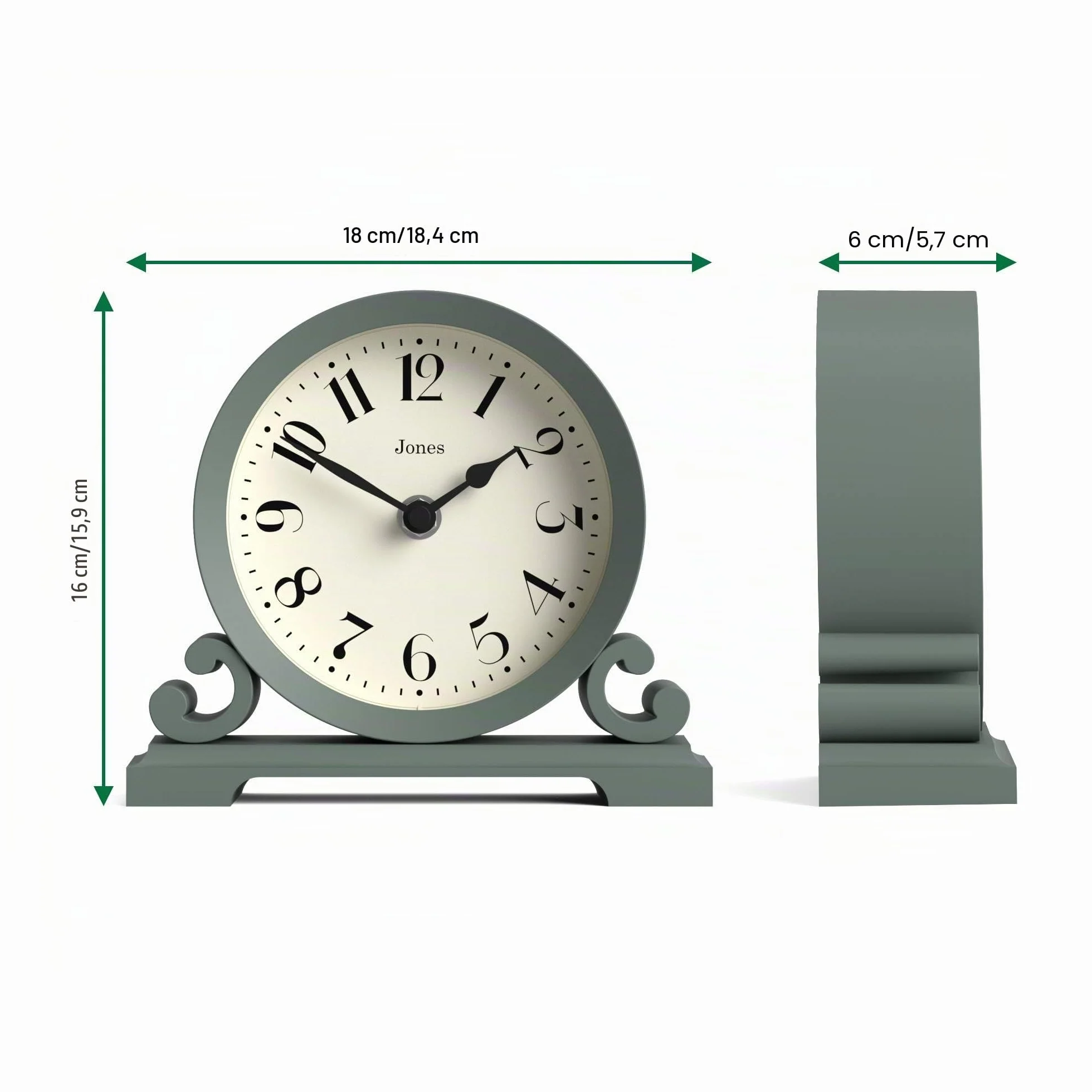 JONES CLOCKS Saloon Horloge de cheminée Petit Design Traditionnel à Double Volute Vert Style Classique Contemporain