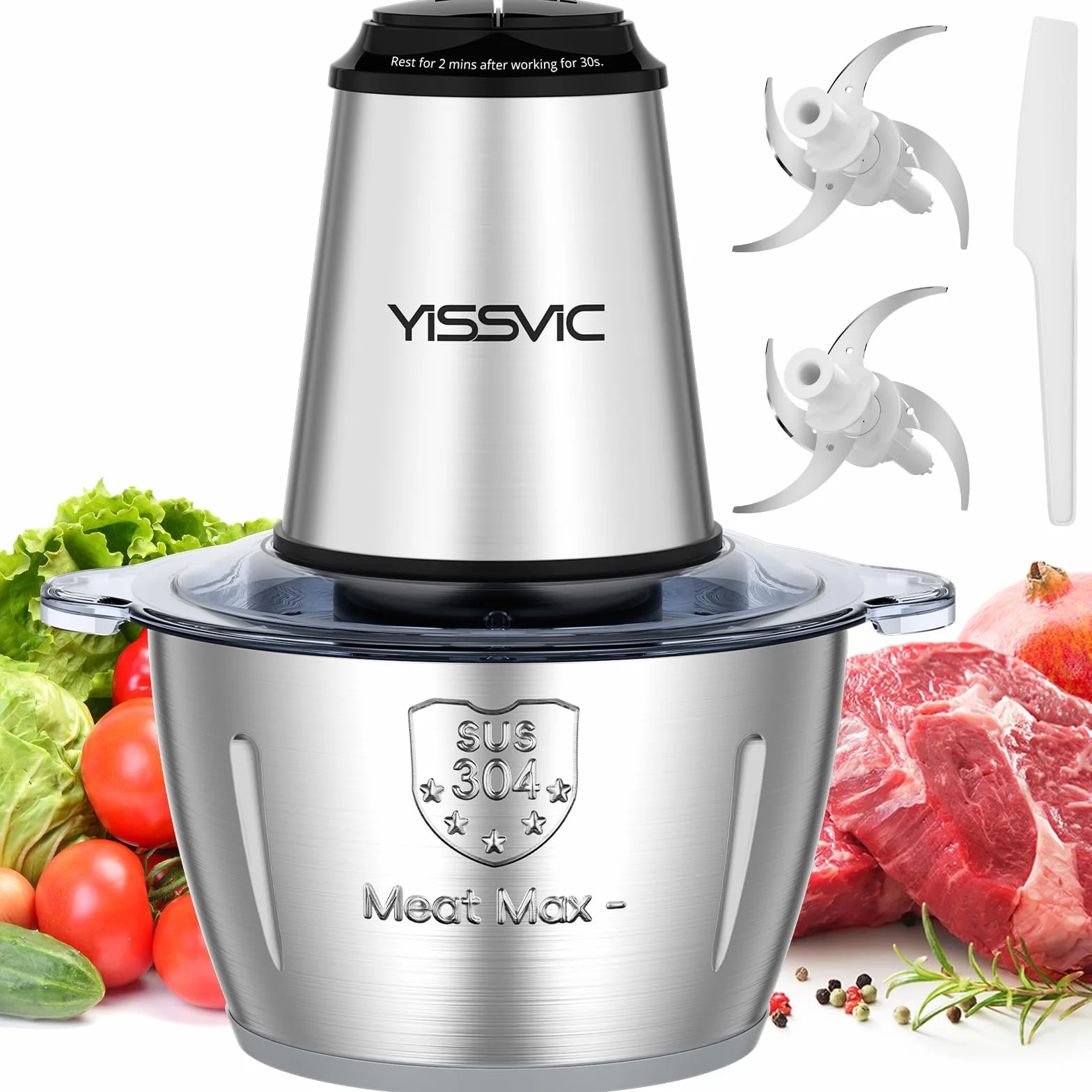 YISSVIC Hachoir Électrique 500W Mixeur Hachoir avec 2x4 Lames Bol Acier 2L Anneau Antidérapant 2 Vitesses Réglable Compatible Lave-Vaisselle Convient aux Fruits, Légumes, Viandes et Épices