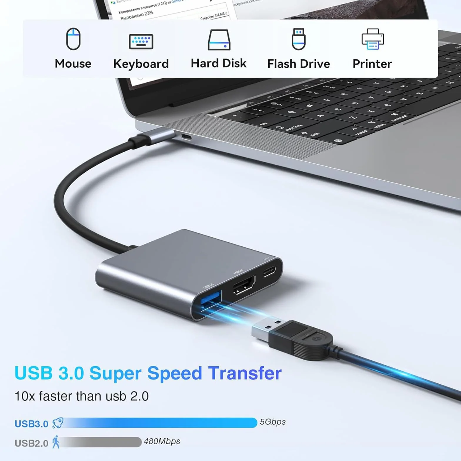Adaptateur USB C vers HDMI 4K 3 en 1 Multiport AV Numérique avec PD Charge 100W USB 3.0 pour MacBook Pro Air Samsung HP Surface