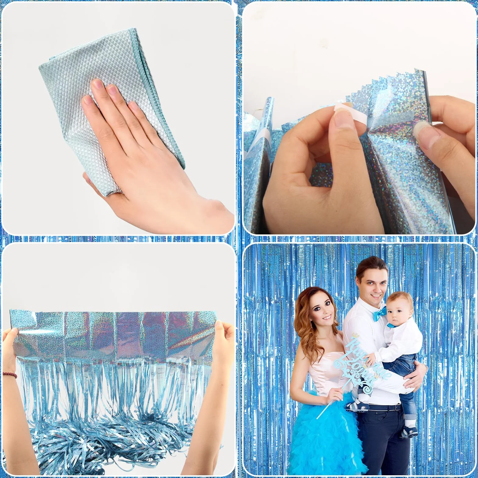 Rideau Anniversaire Métallique Tinsel Bleu 1m x 2m Décoration Fête Photo Soirée