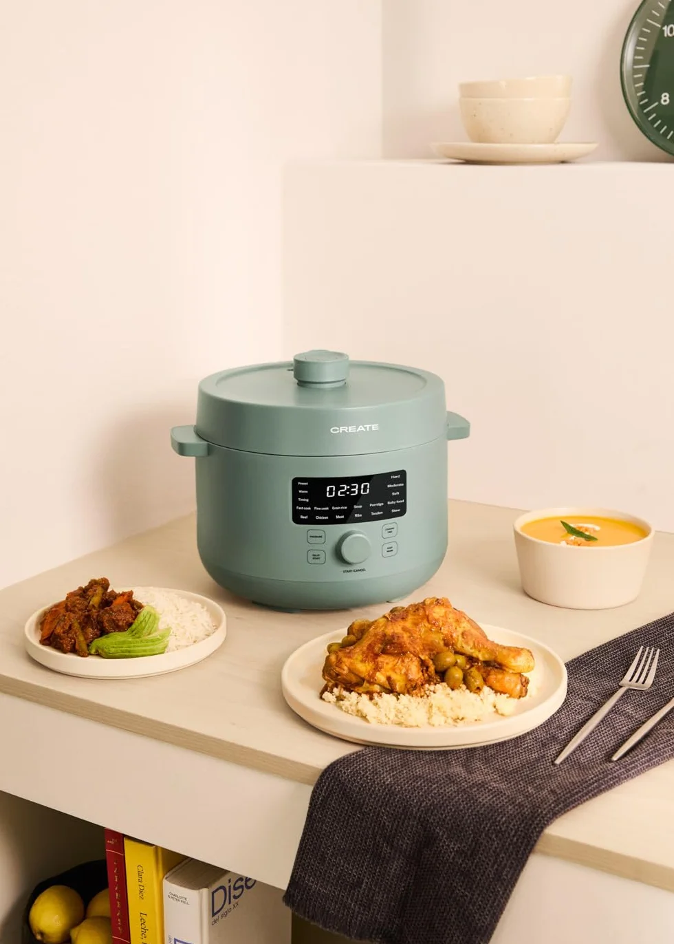 CREATE/PRESSURE COOKER STUDIO/Autocuiseur électrique multifonction programmable 4L vert sauge / 15 fonctions, minuterie 24h, revêtement céramique antiadhésif, valve de sécurité, 1200W
