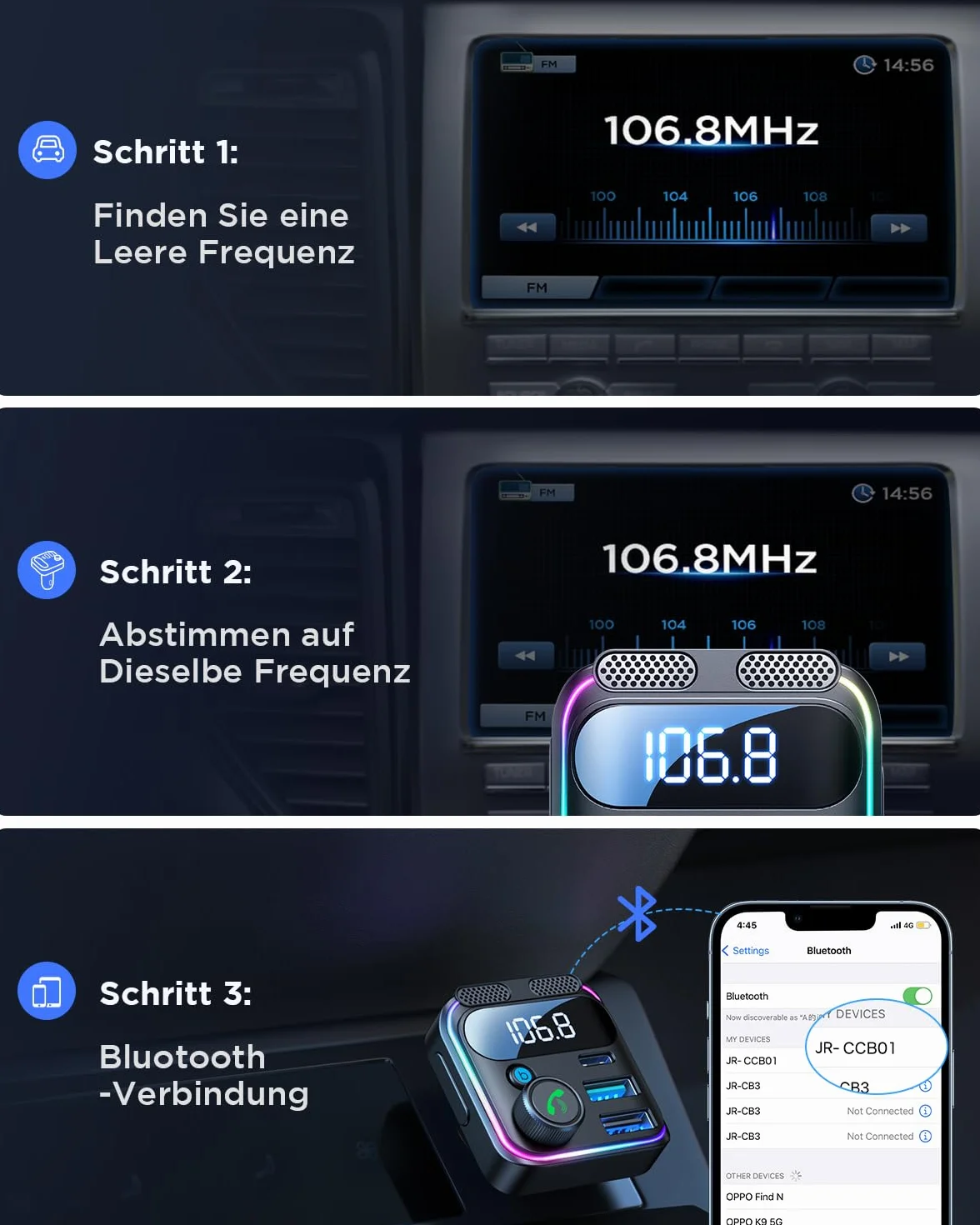 JOYROOM Samochodowy nadajnik FM Bluetooth 81 W, 【Bass & Stereo HiFi】 Adapter samochodowy Bluetooth5.4, 【45W PD i 36W QC】 Zestaw głośnomówiący do zapalniczki samochodowej i podwójny mikrofon, Bluetooth