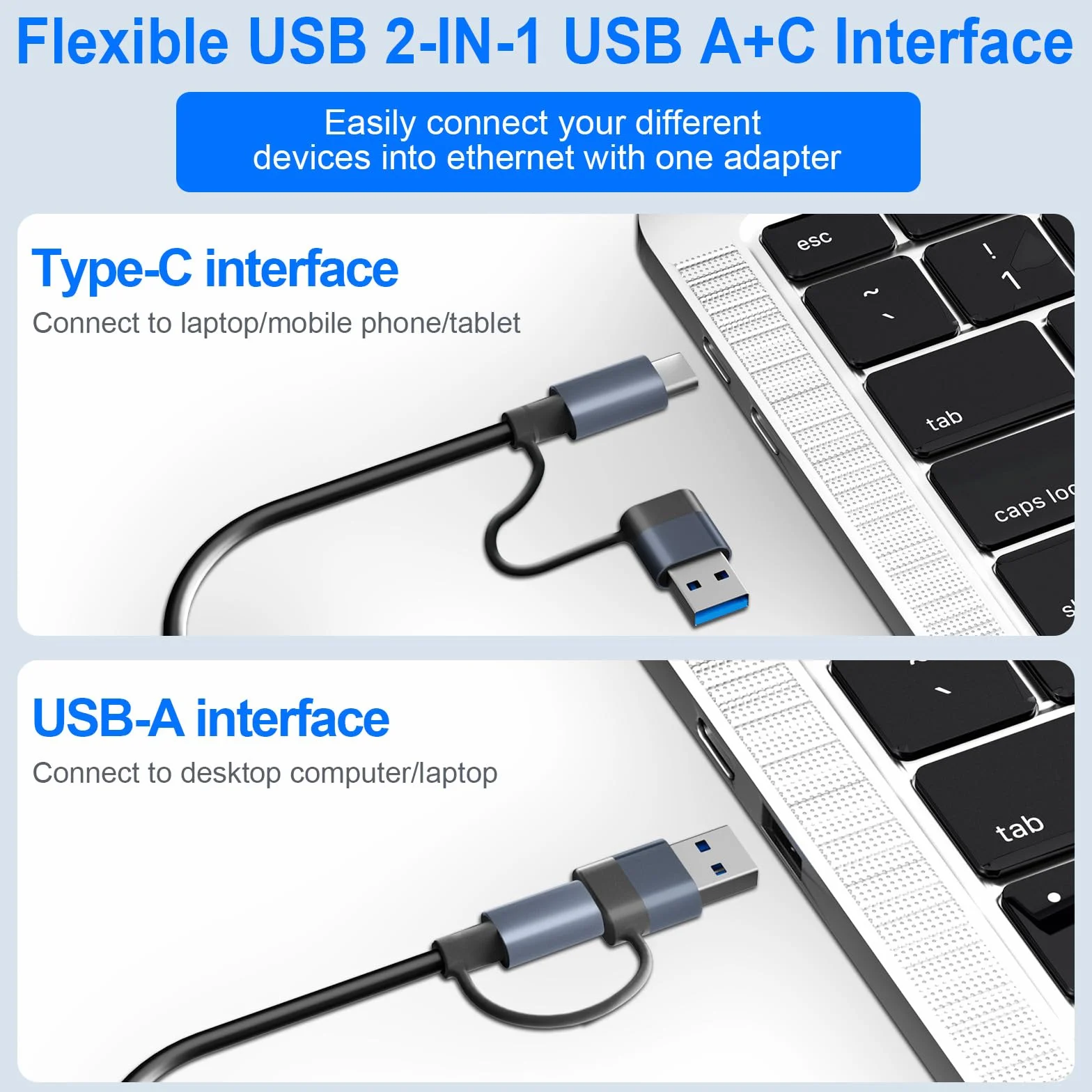 Adaptateur USB Ethernet 5 en 1 Type-C vers RJ45 Gigabit 1000 Mbps HUB LAN 3 Ports USB 3.0
