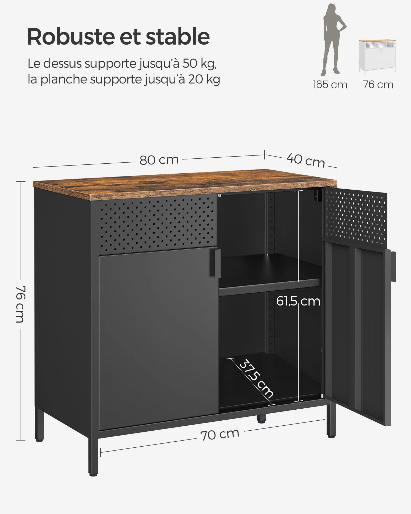 SONGMICS Meuble de Rangement, Buffet, en Métal, Double Porte, Fermeture Magnétique, Cadre en Acier, 40 x 80 x 76 cm, Marron Rustique et Noir LSC102B01