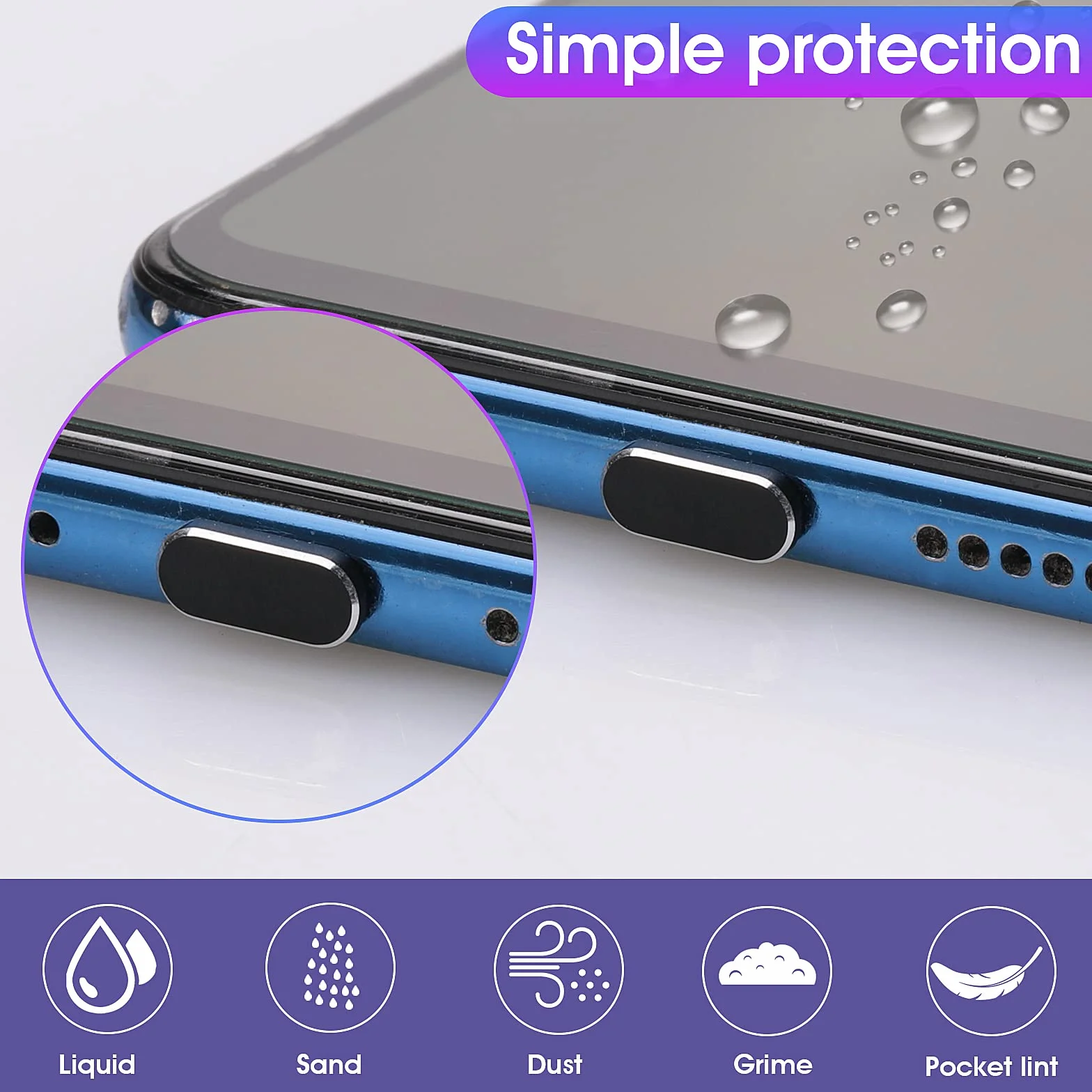Cobee Zestaw wtyczek przeciwpyłowych USB C, 6 szt. wtyczek portów typu C, pokrywki ochronne przeciwpyłowe, osłona portu ładowania, zatyczki portów USB C, ochrona typu C, metalowy ochronnik