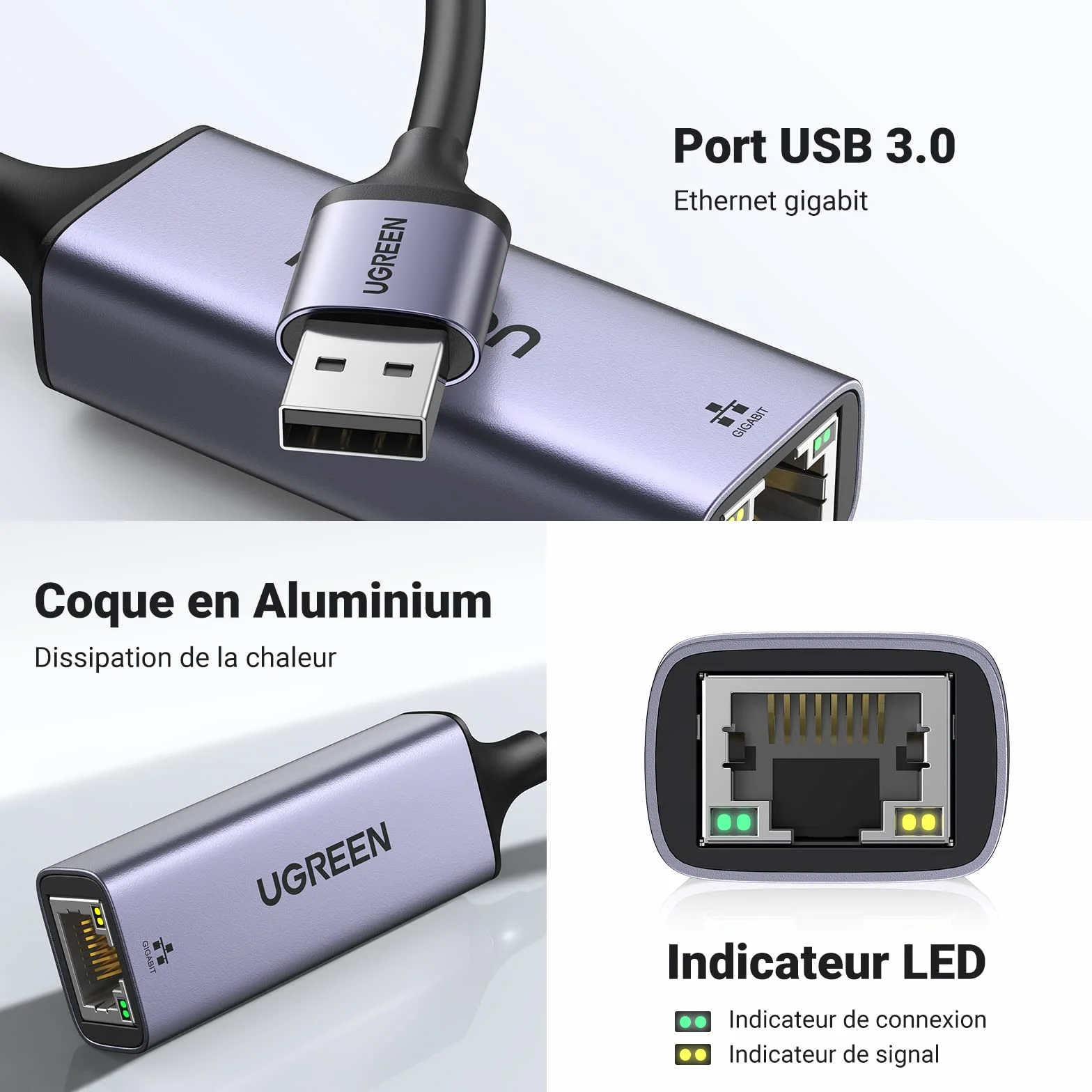 UGREEN Adaptateur USB vers Ethernet Gigabit 1000Mbps RJ45 Réseau Gris