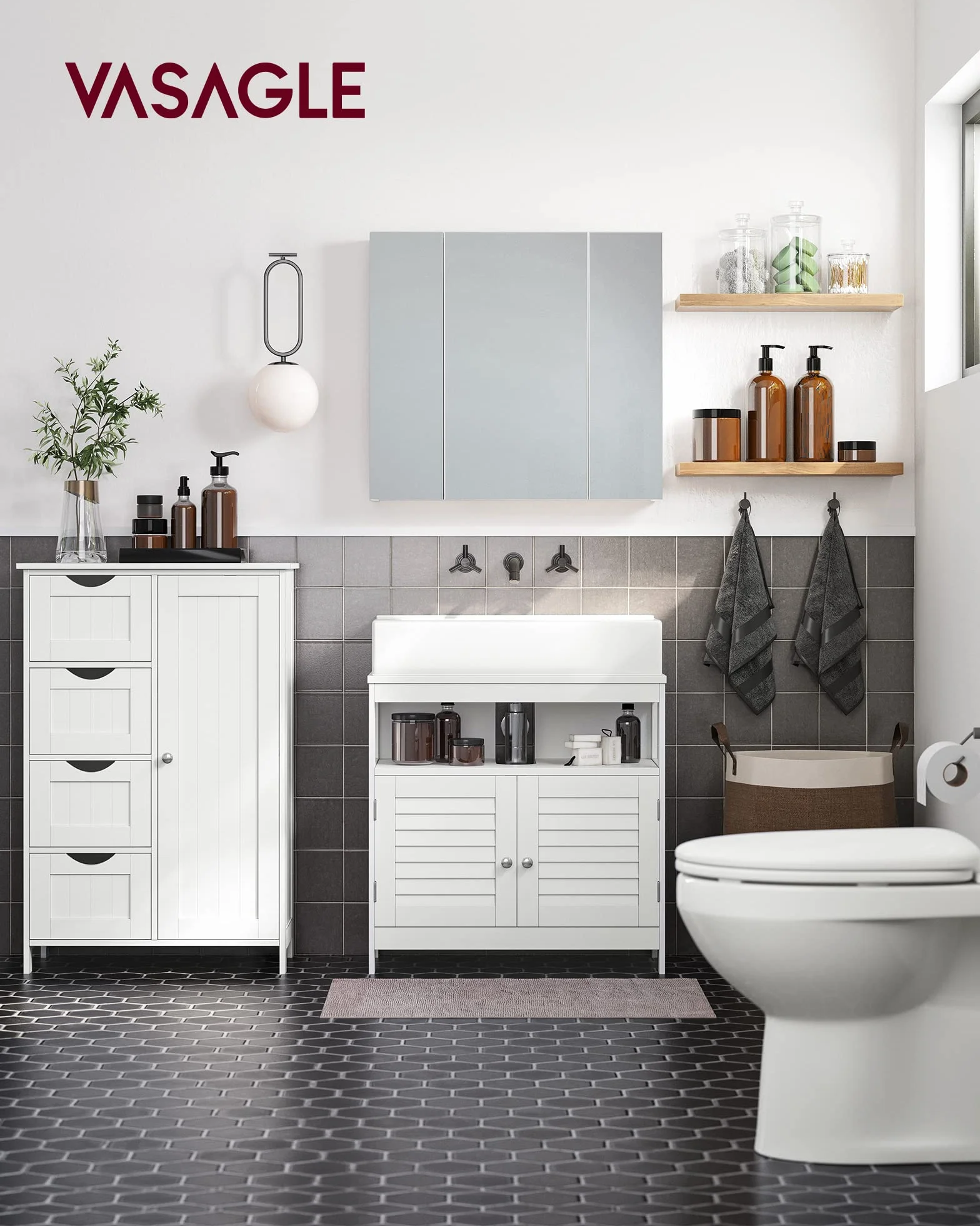 VASAGLE Meuble Salle de Bain Rangement, Armoire Gain de Place, Commode, avec 4 Tiroirs, Placard avec Porte, Étagère Réglable, 30 x 55 x 82 cm, Blanc Nuage LHC41W