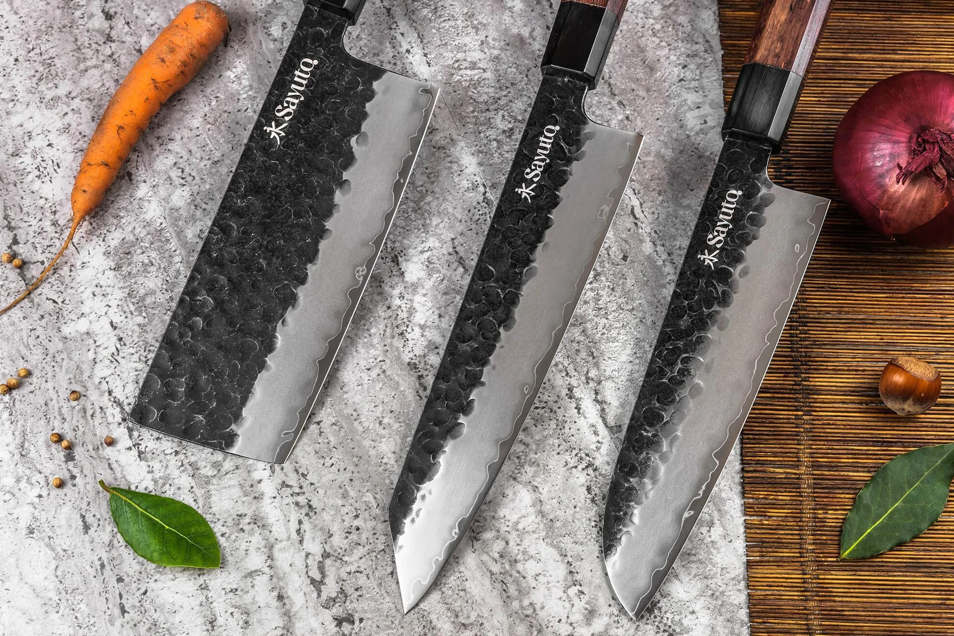 Séquoia San Mai - Couteau Nakiri Design Japonais Spécial Légumes Lame 17cm 3 Couches Carbone Manche Bois de Séquoia - Vendu dans un Coffret