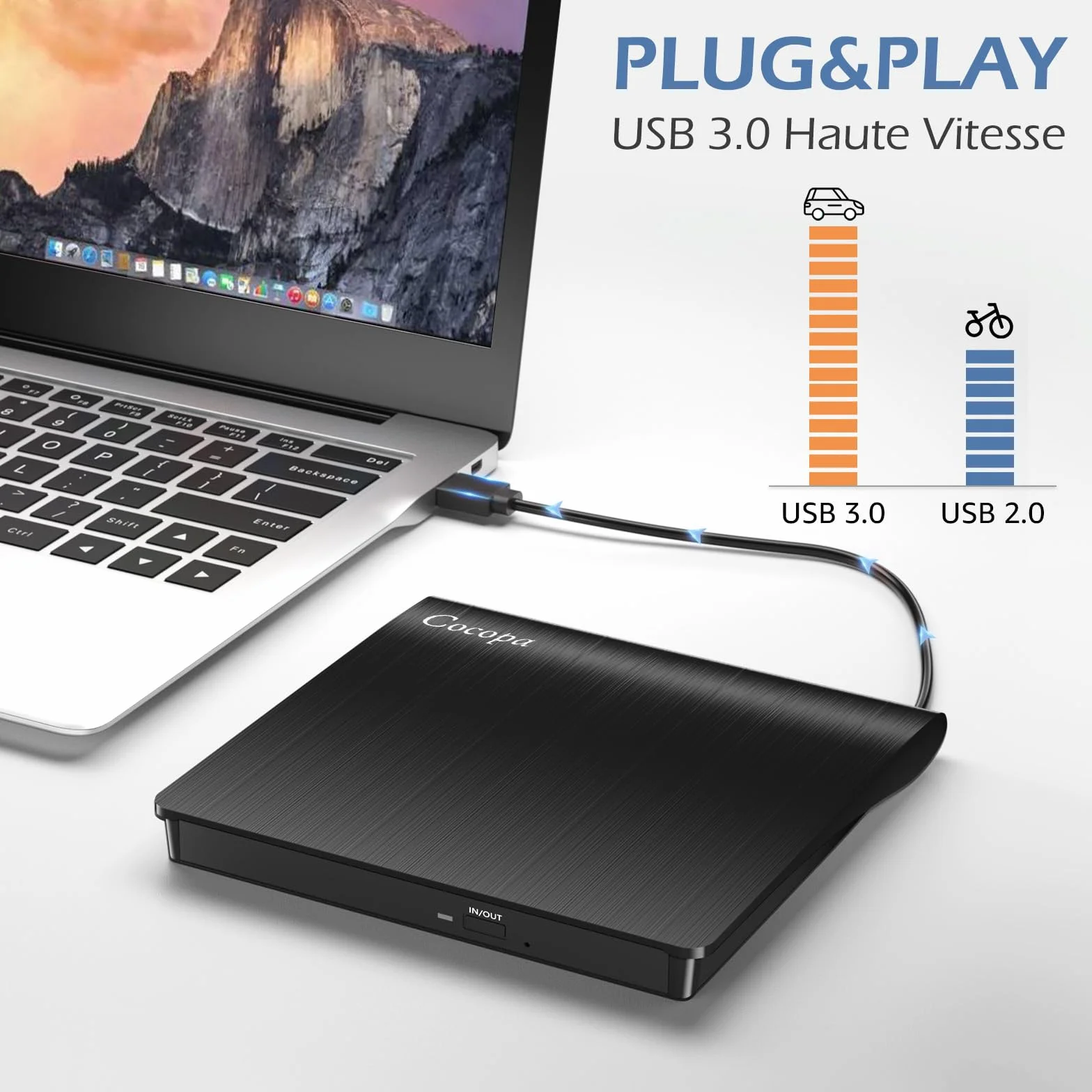 Cocopa Lecteur CD/DVD Externe USB 3.0 Graveur Enregistreur Portable Mince pour PC Mac