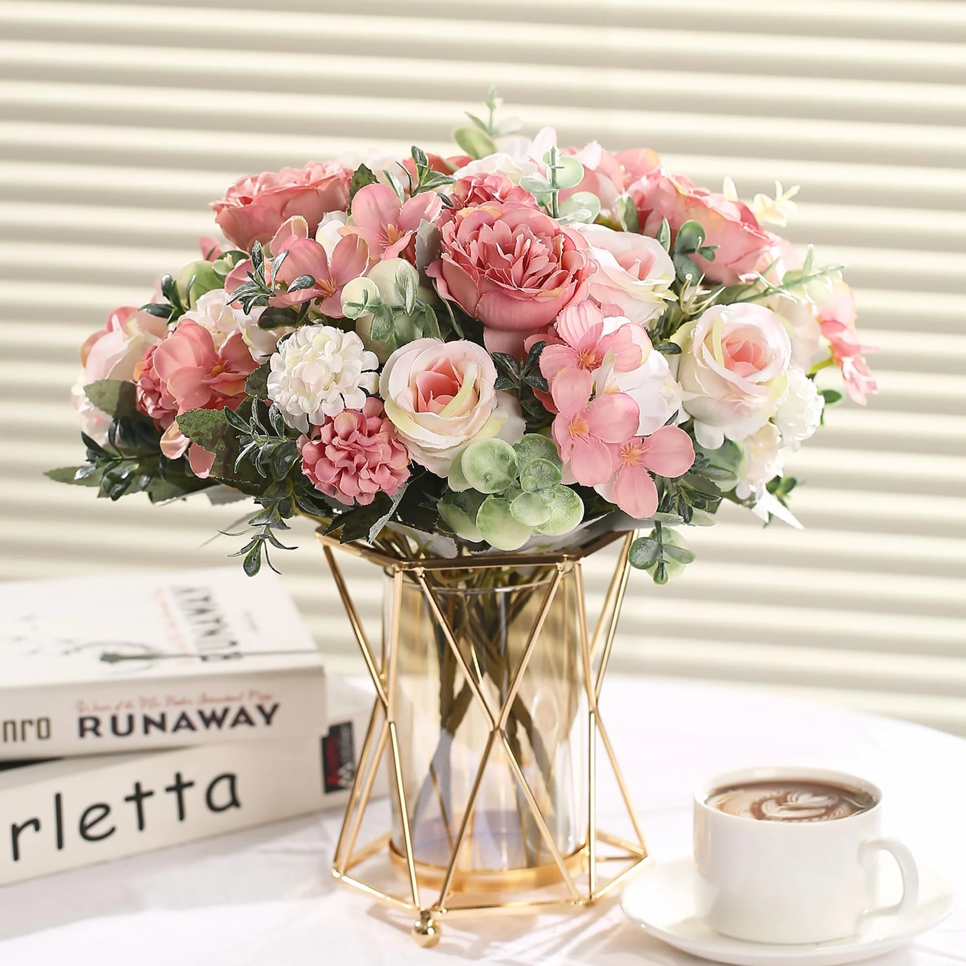 Bouquets Fleurs Artificielles en Soie Pivoine Hortensia pour Mariage Décoration (Rose)