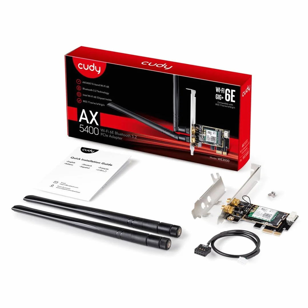 Cudy WE3000 AX 3000 Mbps bezprzewodowa karta WiFi 6 PCIe do komputera, moduł Bluetooth 5.0 wewnątrz, 2402 Mb/s 574 Mbps, Bluetooth 5.0/4.2/4.0, 802.11ax/ac/a/b/g/n Windows 10 64-bit czarny