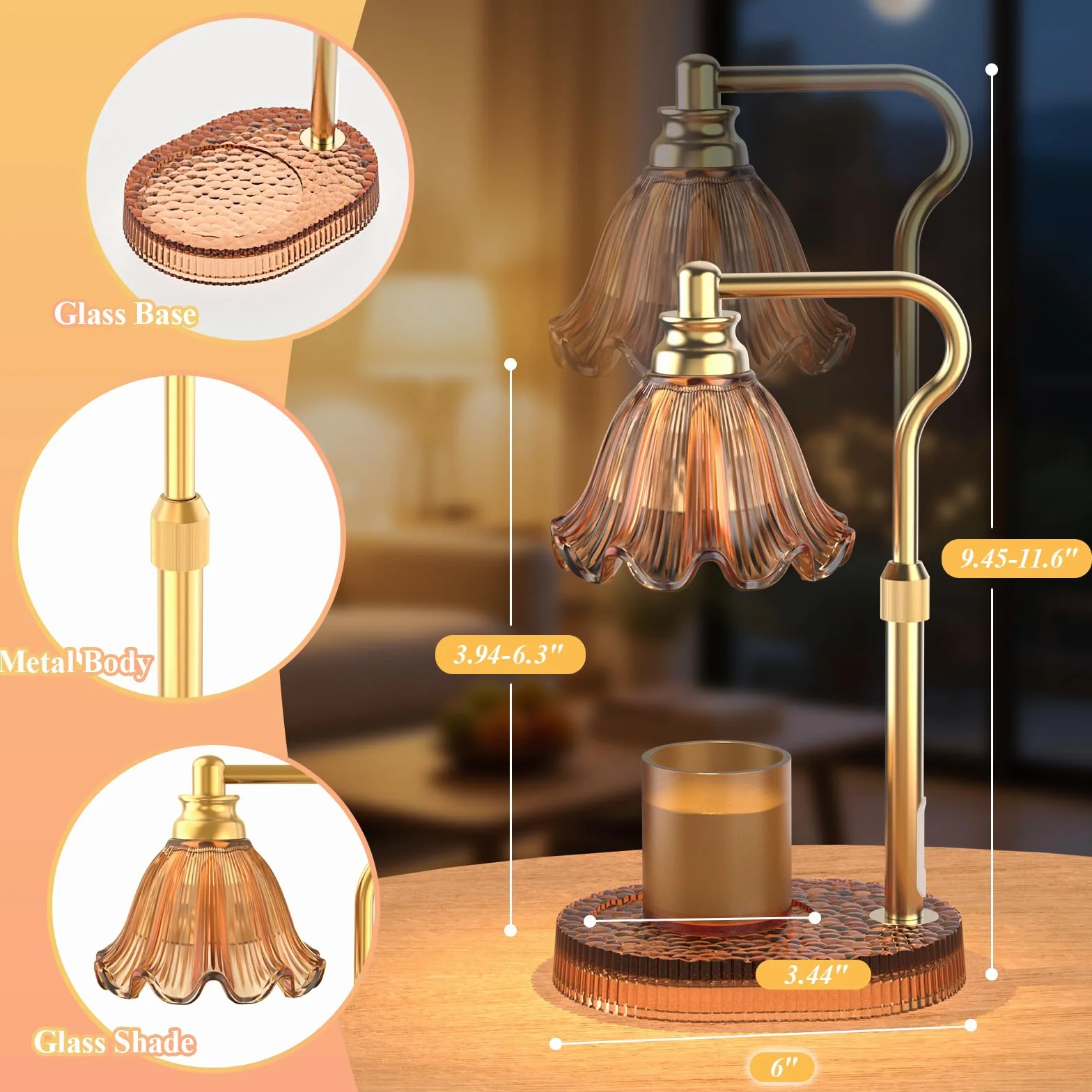 Lampe chauffe-bougie avec hauteur réglable – Chauffe-cire sans flamme à 4 niveaux à intensité variable, fonction minuterie et design élégant en plusieurs couleurs (Brun)