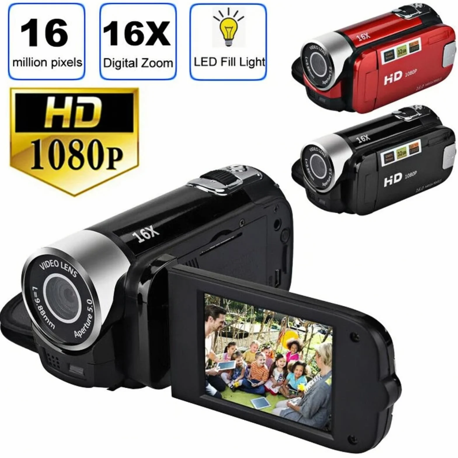 Ręczna Kamera Wideo, Kamera Dv 1080P 16MP 2,7-calowy Obrotowy Ekran TFT 16-krotny Vlogging Wideo dla Dzieci Zoom Cyfrowy z Kablem USB Czarny Odtwarzacz Mini Dv (Czarny)
