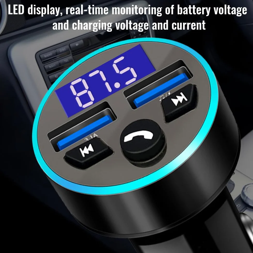 Transmiter FM Auto Bluetooth, adapter Bluetooth, ładowarka do szybkiego ładowania QC3.0, obsługa Dual USB, zestaw głośnomówiący, pamięć USB (A)