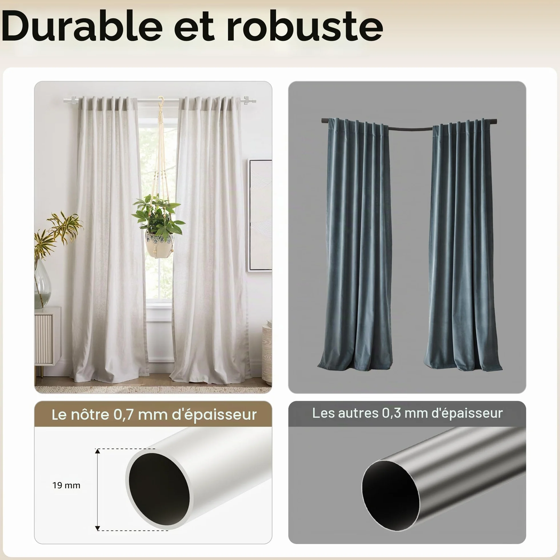 Tringle à rideaux extensibles 76-280 cm diam. 19 mm réglable à œillets décorative chambre