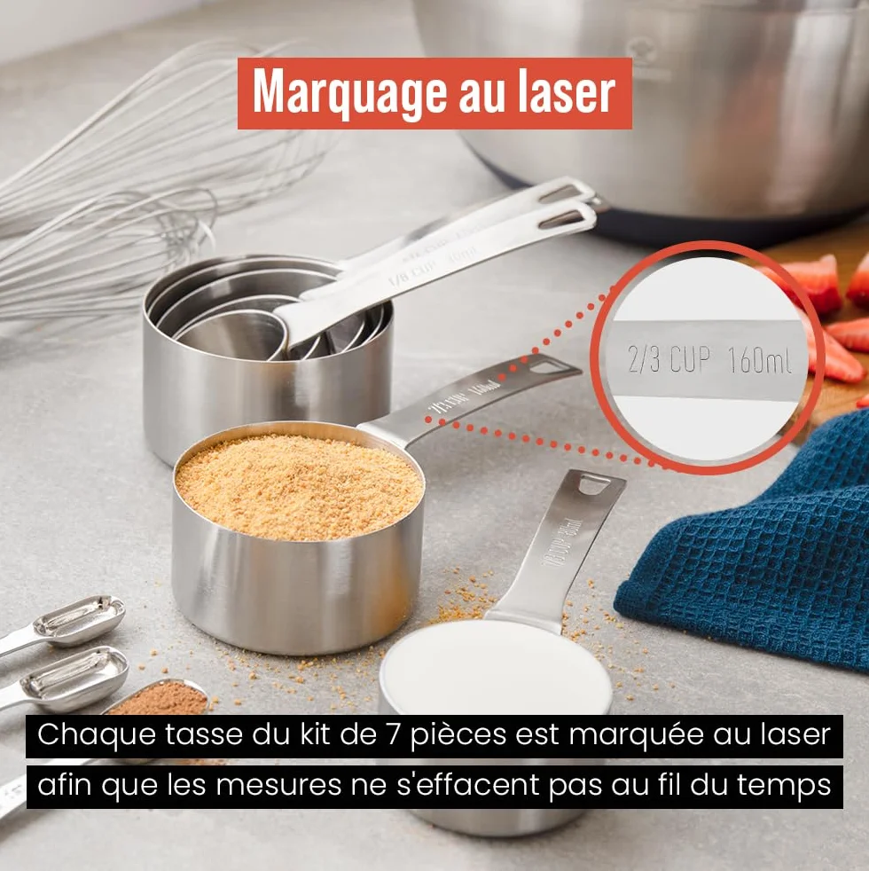 Lot de 7 Cuillère Doseuse en Acier Inoxydable - Tasse et Cuillère Mesure de Cuisine pour Ingrédients Secs ou Liquides