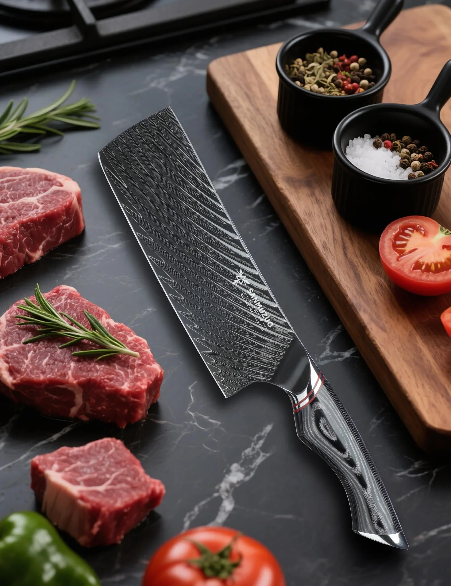 Couteau Nakiri 18 cm Couteaux de cuisine professionnels - Couteau japonais Usuba - Acier Damas noir avec manche ergonomique - Série MIAO
