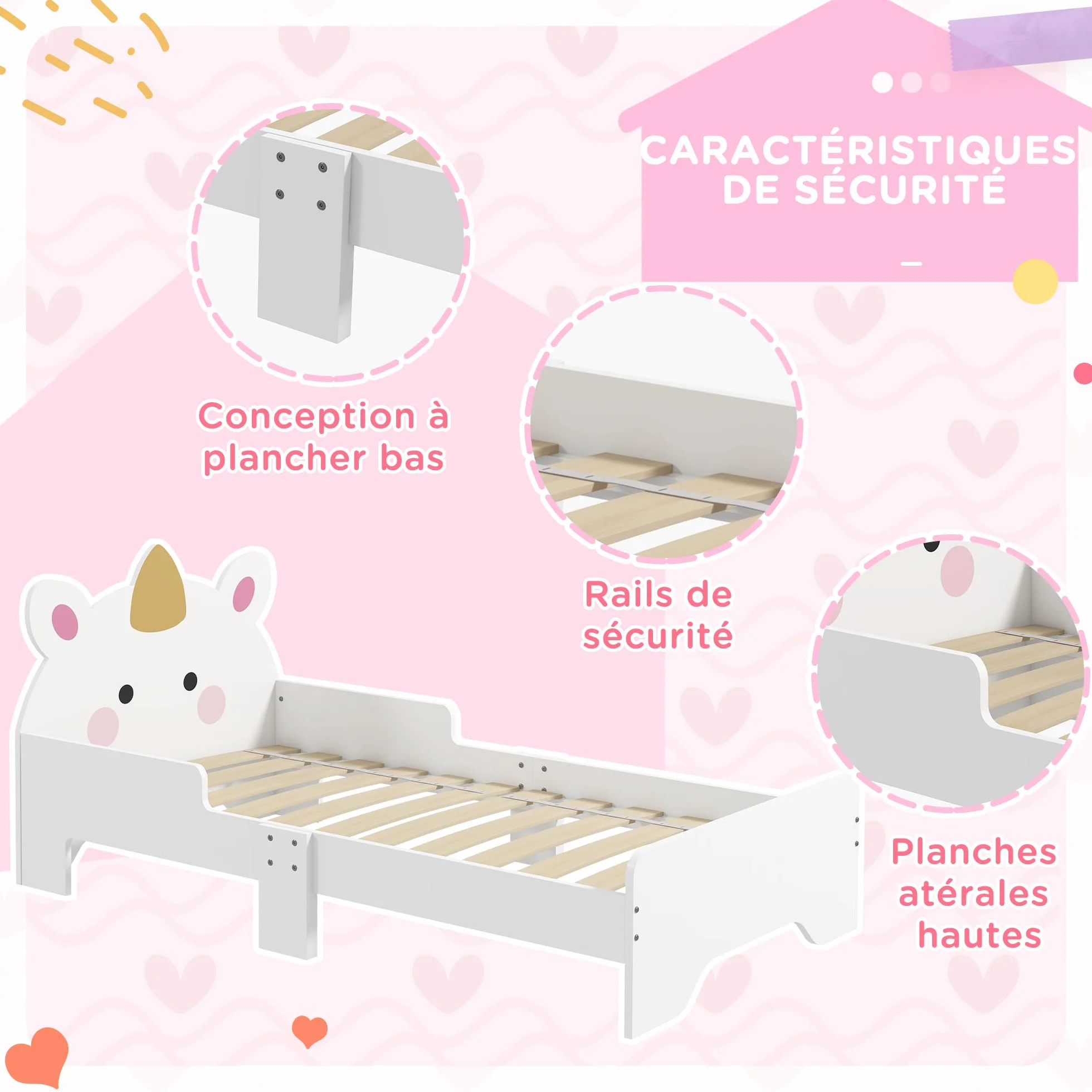 ZONEKIZ Lit Enfant, Design Licorne, 3 à 6 Ans, sommier à Lattes Inclus, 143 x 74 x 67 cm, lit pour Enfant, barrières latérales, Charge Max. 80 kg, Rose