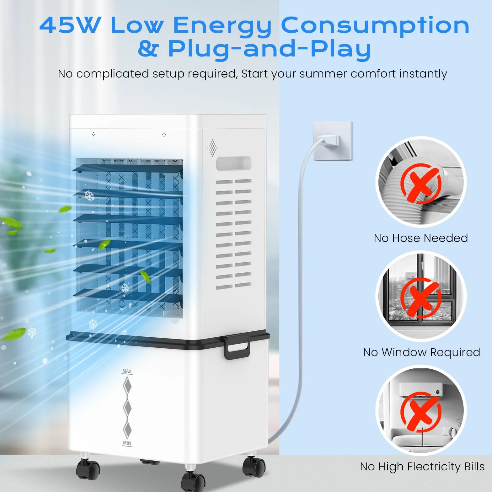 Climatiseur Mobile Silencieux Sans Évacuation 12L Rafraichisseur d'air, 45W, 6 Vitesses, 24H Minuterie, 3 Modes, Oscillation 60°/120°