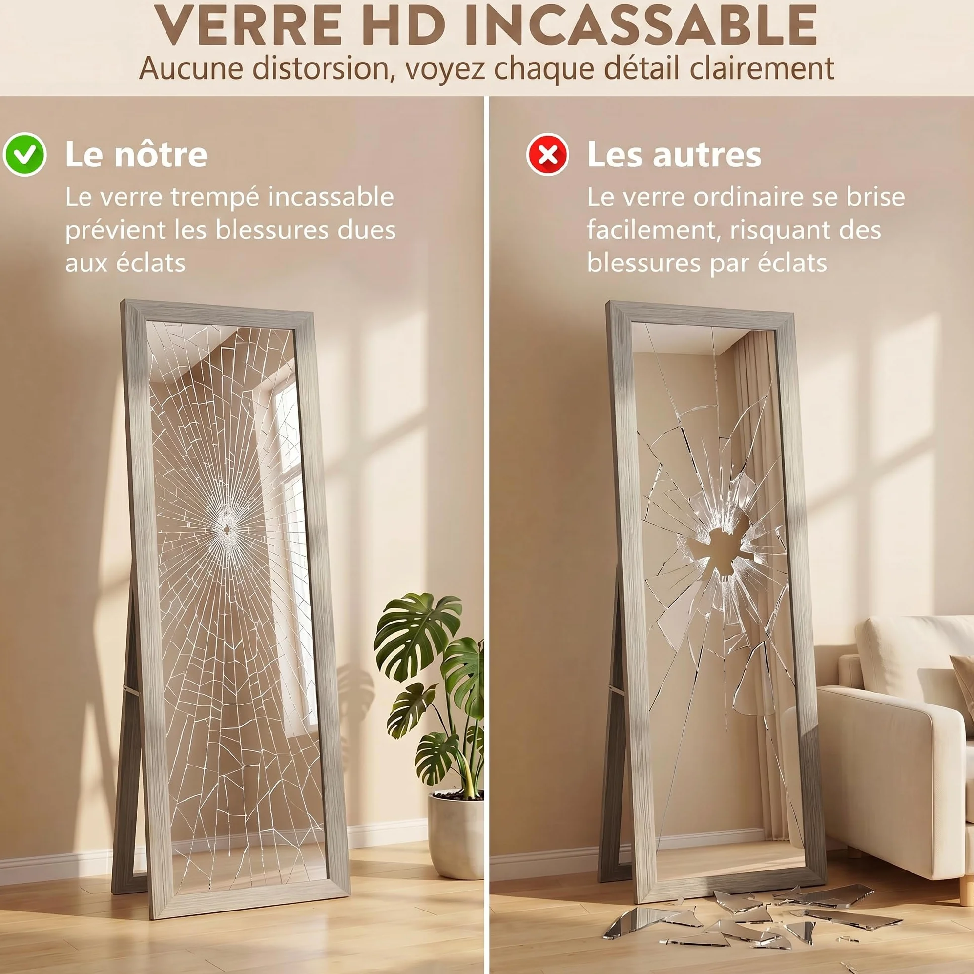 HOMCOM Miroir Rectangulaire sur Pied Mural ou à Poser avec Cadre en Bois 37 x 157 cm Gris