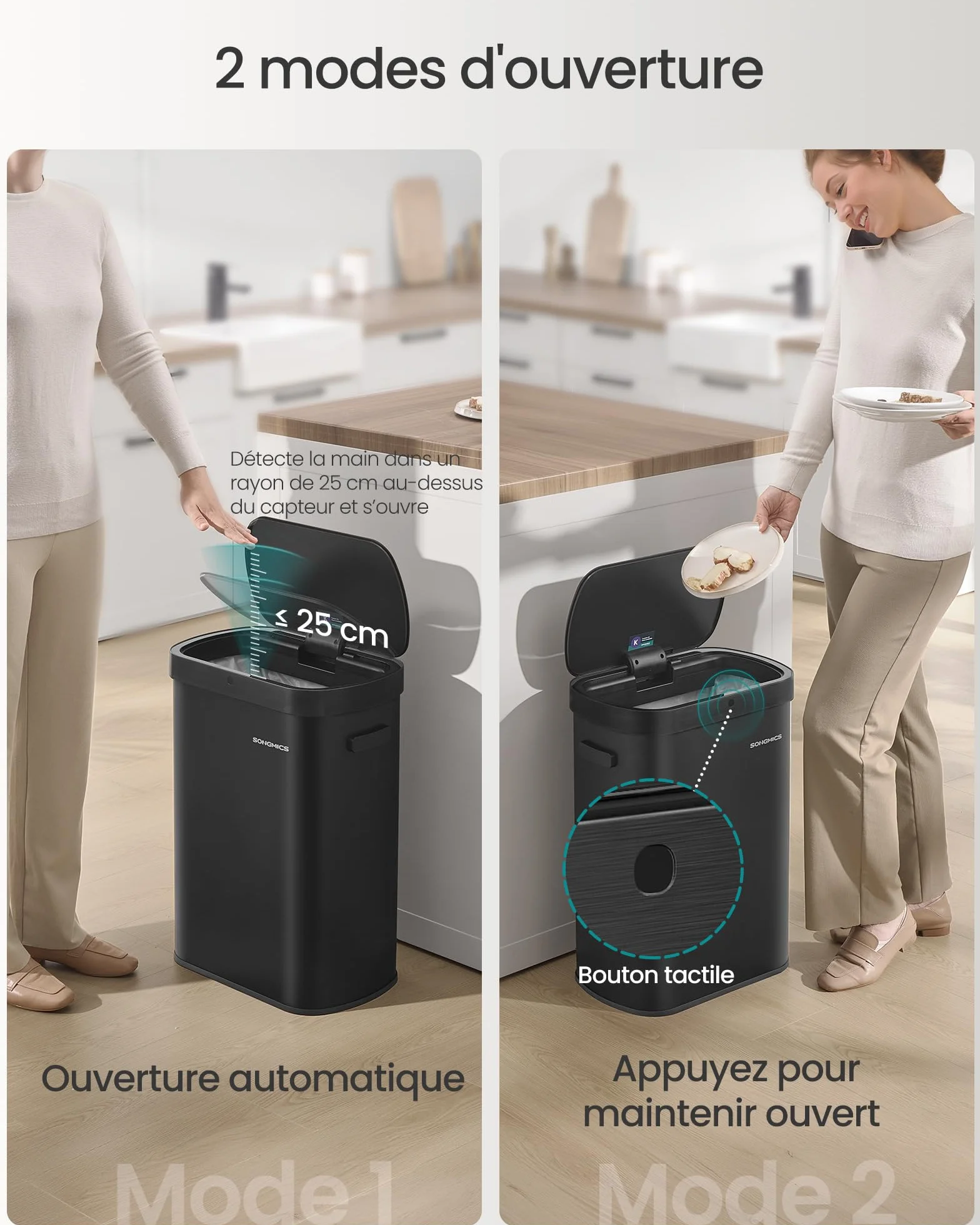SONGMICS Poubelle de Cuisine Automatique 50 L, Capteur de Mouvement, Acier, Noir d'Encre LTB640B02