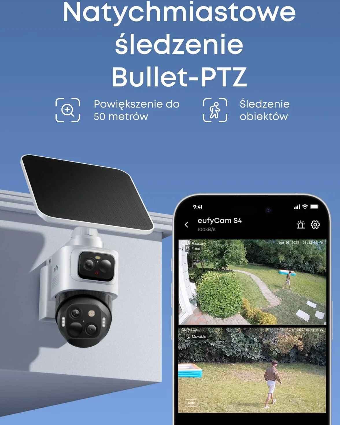 Zestaw eufyCam S4 z 2 kamerami, bezprzewodowa kamera solarna do monitoringu zewnętrznego, kamera PTZ z 3 obiektywami, 4K UHD, śledzenie wielu kamer 360°, automatyczne śledzenie
