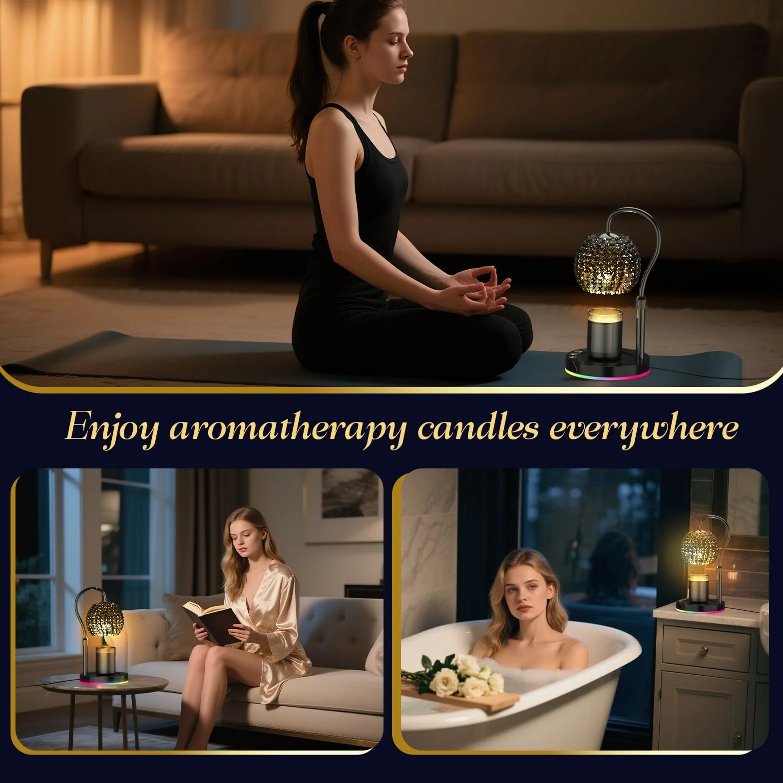 VXUNLlOR Chauffe-bougies luxueux à commande tactileintelligente avec abat-jour en cristaux précieux & basepremium à changement de couleur - Fondre de cire LEDréglable pour décoration intérieure