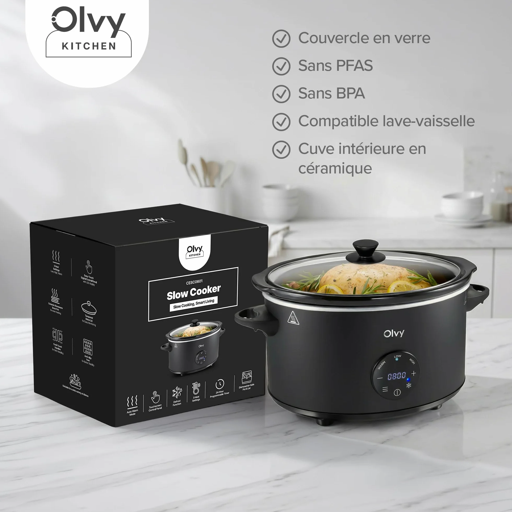 Olvy Mijoteuse numérique 6 l avec minuterie, écran tactile, fonction de maintien au chaud, fonction décongélation, minuterie 24 h, 3 niveaux, famille Meal Prep