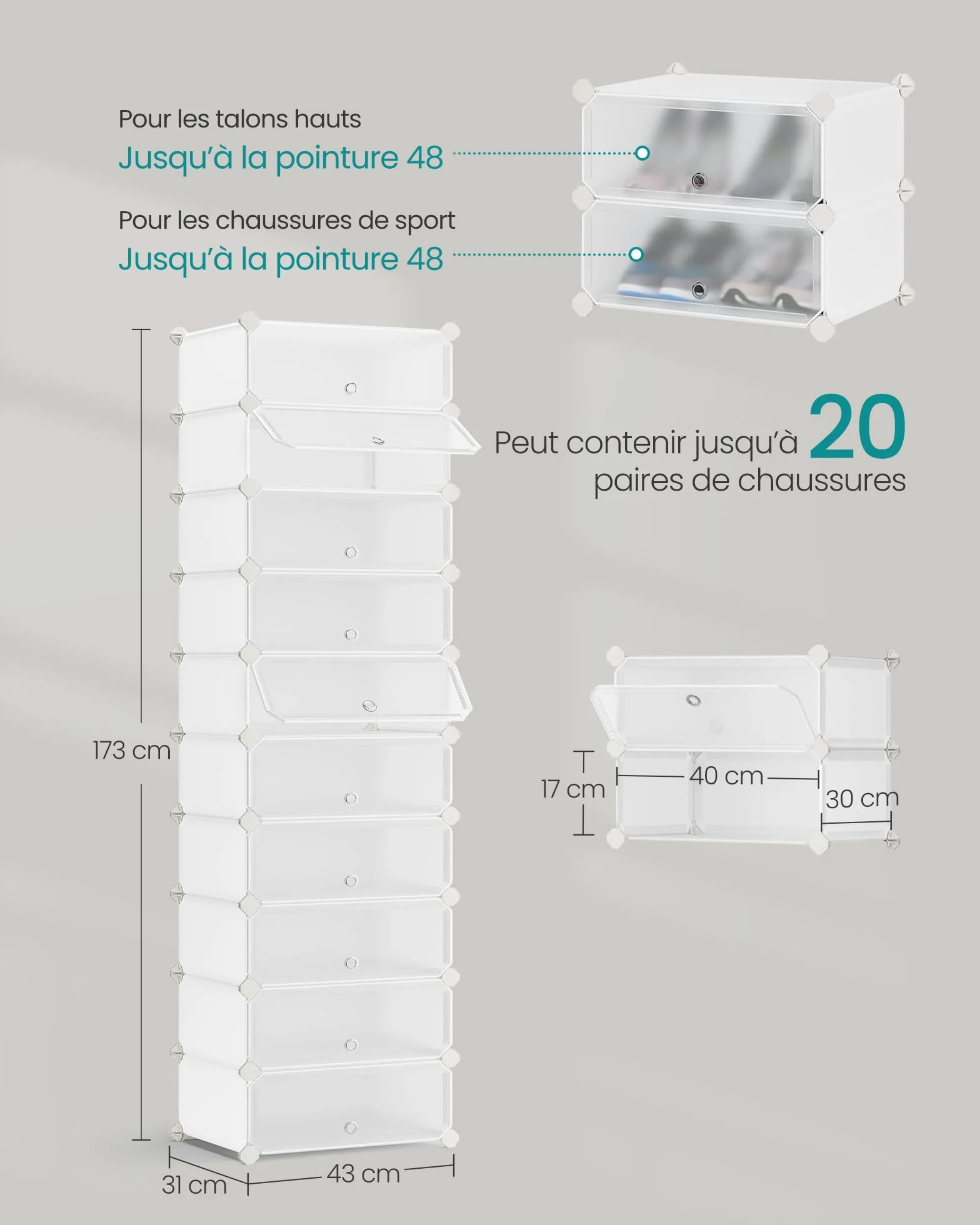 SONGMICS Étagère à Chaussures enfichable Système d'étagères Organisateur de Chaussures DIY Étagère avec Porte en Plastique PP 10 Niveaux Blanc LPC010WH01
