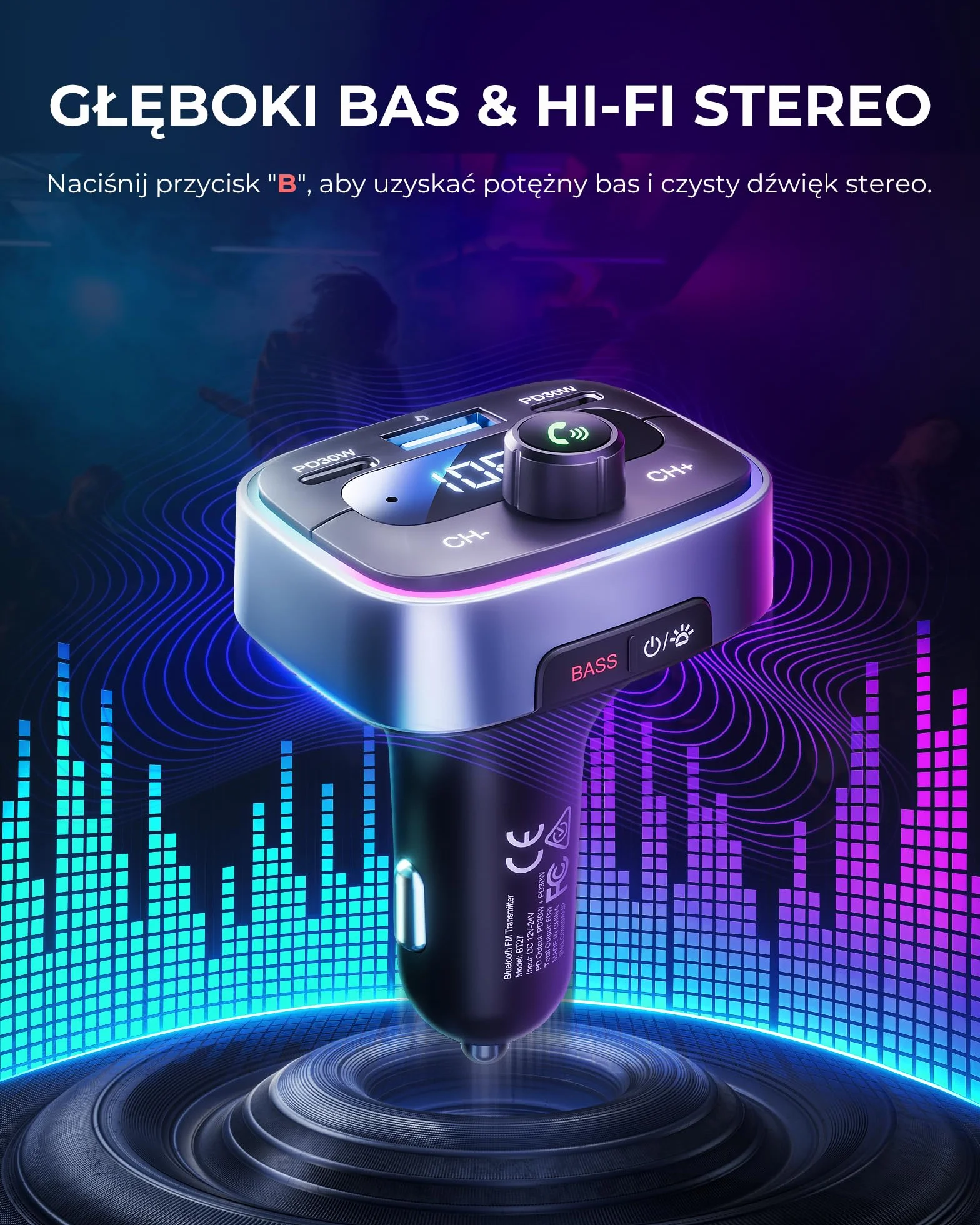 LENCENT Nadajnik FM Bluetooth 5,4, 60 W Szybkie Ładowanie z 2 USB-C (PD 30 W), darmowe rozmowy, muzyka samochodowa, głęboki bas Hi-Fi z 7 kolorami LED i pamięcią USB