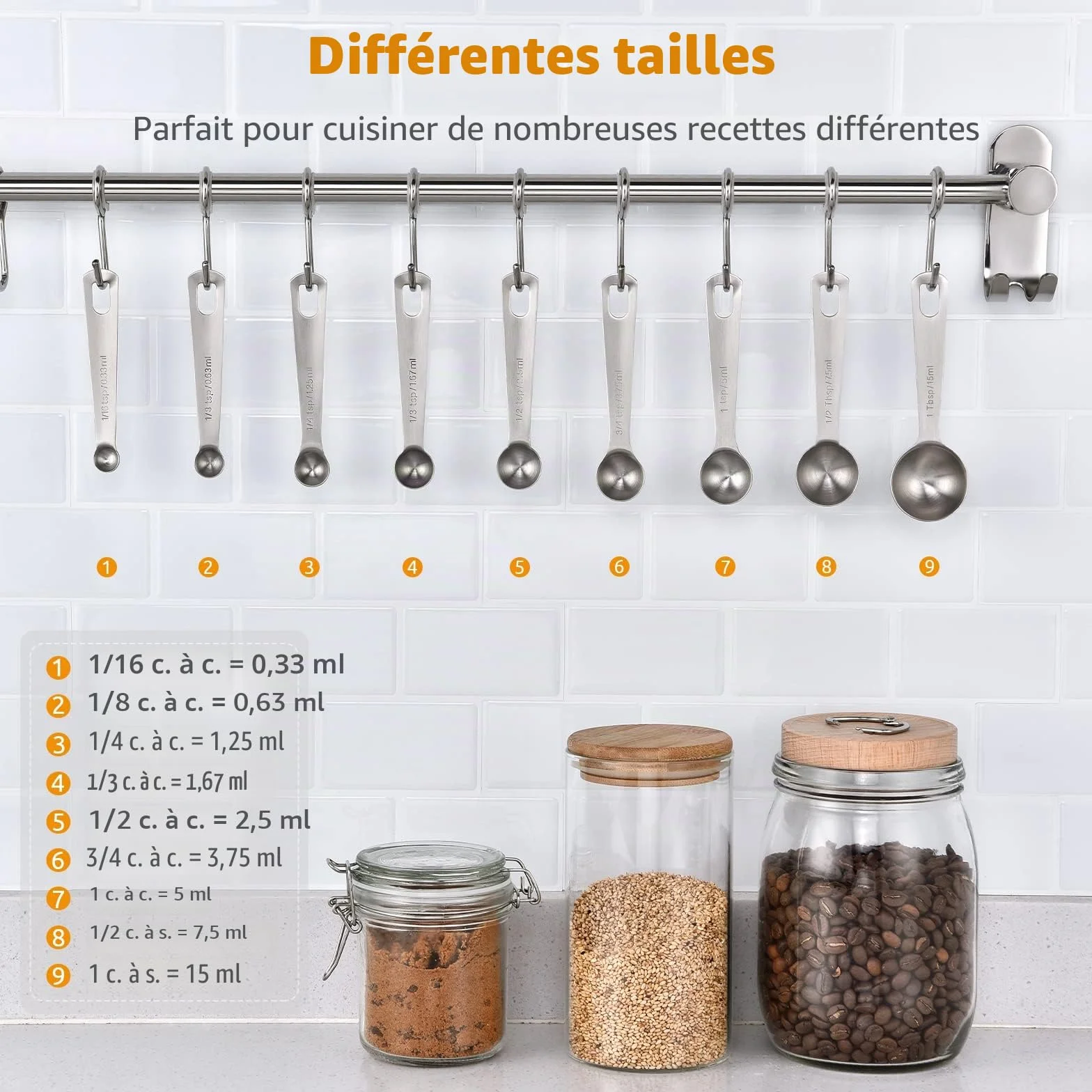 U-Taste Cuillères à Mesurer 9 Pièces Acier Inoxydable 18/8