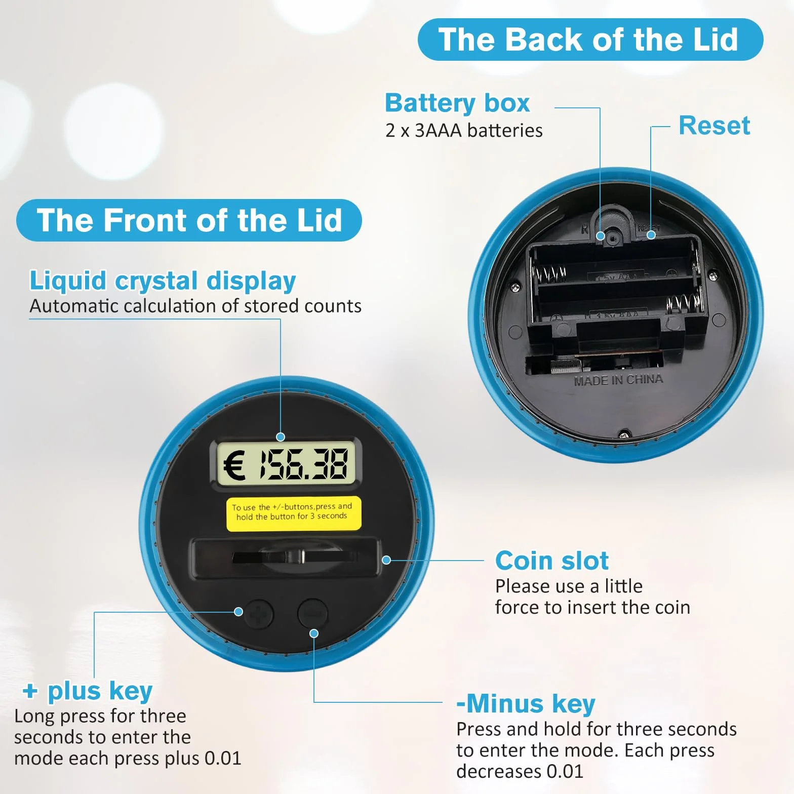 Tirelire numérique électronique avec écran LCD 1,8 l compteur de pièces transparent automatique