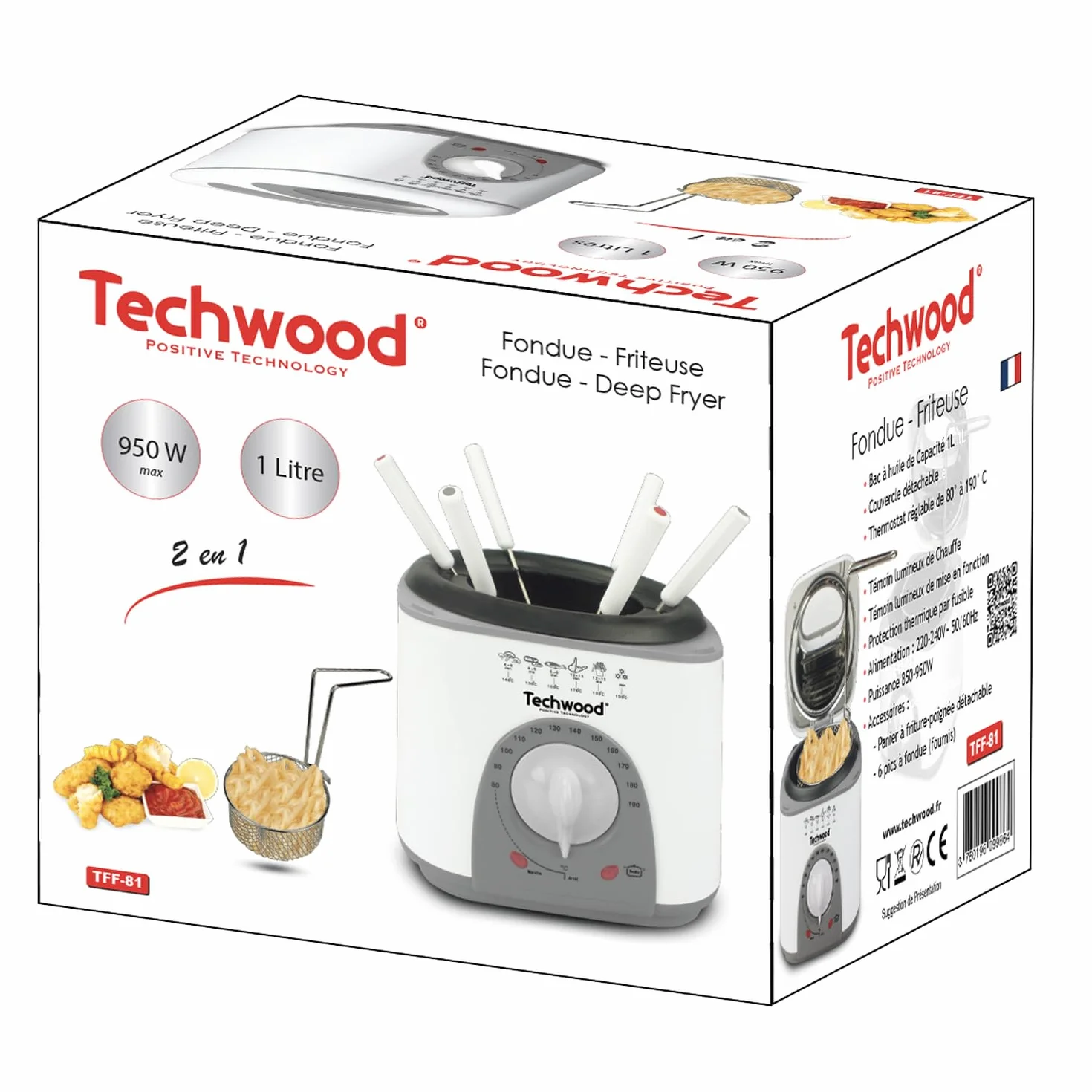 Fondue/Friteuse 1 L - Techwood TFF-81 - Puissance 950W - thermostat réglable de 80 à 190°C - Panier à friture-poignée détachable