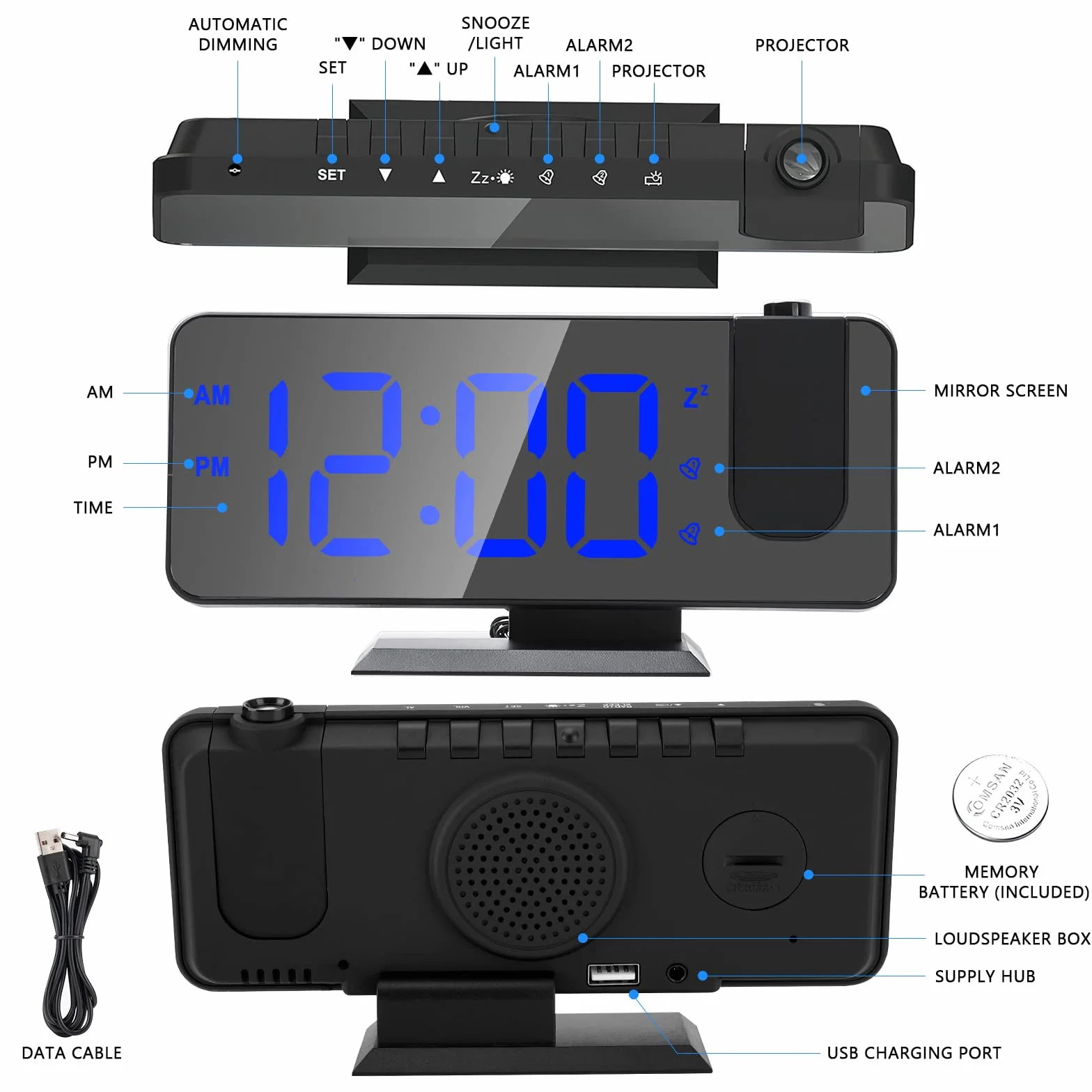 Xakay Réveil Projecteur 180° Plafond, Horloge Numérique LED Miroir 7.3 Pouces, Double Alarme, 12/24H, Snooze, 4 Niveaux Luminosité