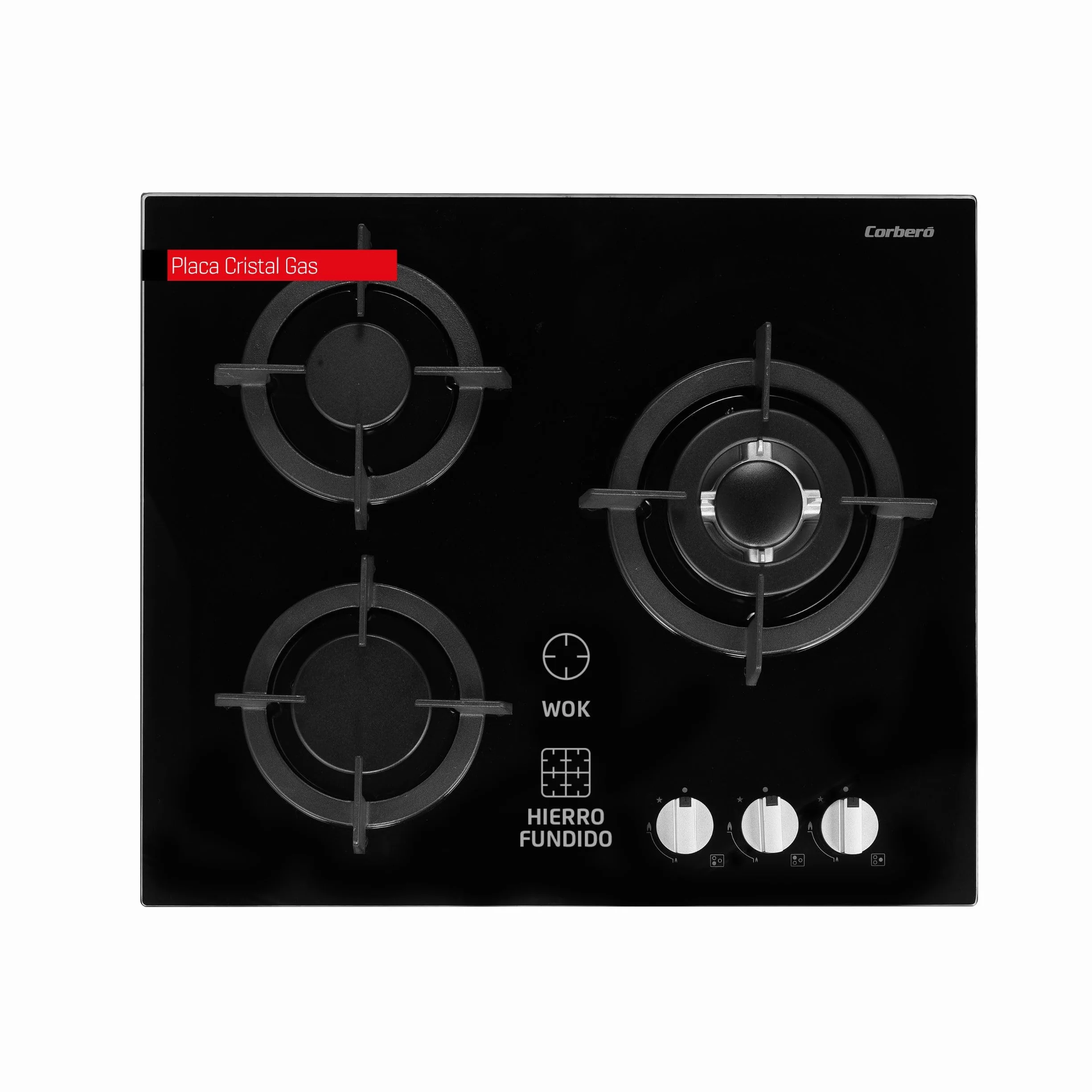 Corberó - Plaque en verre gaz butane CPCGY2303N | Puissance 7 kW | 3 feux | Zone Wok spéciale | Grille en fonte | Valve de sécurité | Arrêt automatique, noir, fonte