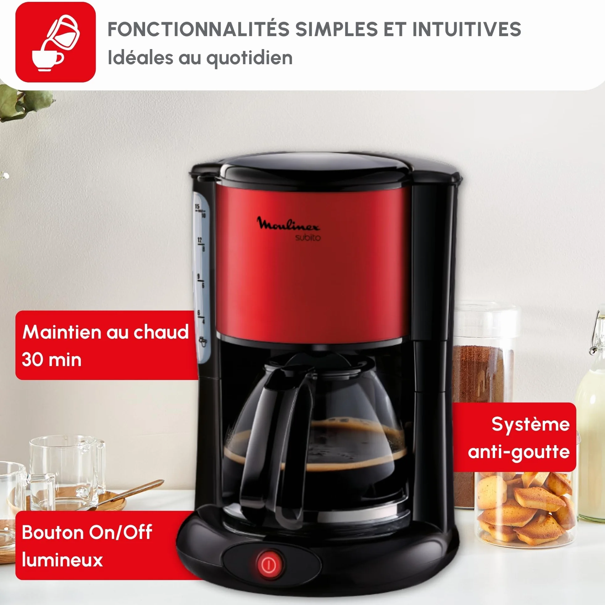 Moulinex Subito FG360D11 Cafetière filtre 1.25 L 10-15 tasses Rouge