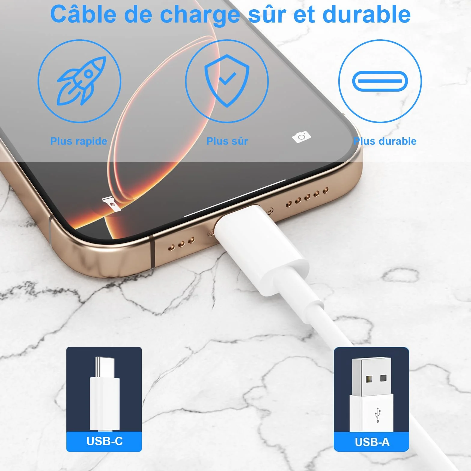Câble USB C Charge Rapide 3A Lot de 2 1m+2m pour iPhone 17 16 15 Samsung Galaxy S22 S21 S20 S10 Google Pixel Xiaomi