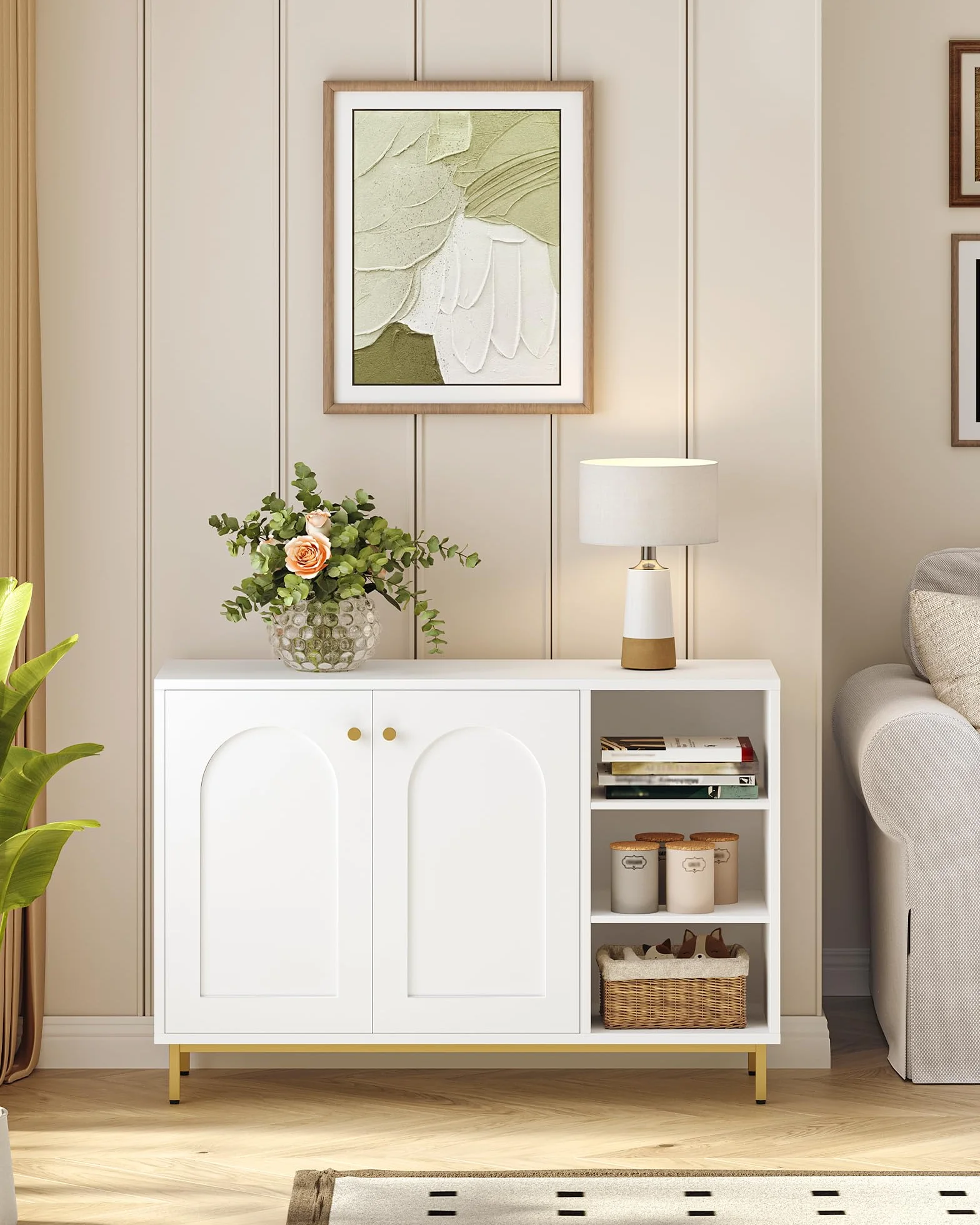 Hzuaneri Meuble Salle de Bain, Meuble de Rangement, Armoire Salle de Bain, Placard Rangement avec 2 Portes, Compartiment Ouvert, Salle de Bains, Le Salon 35 x 100 x 75 cm, Blanc-Or SC10203G