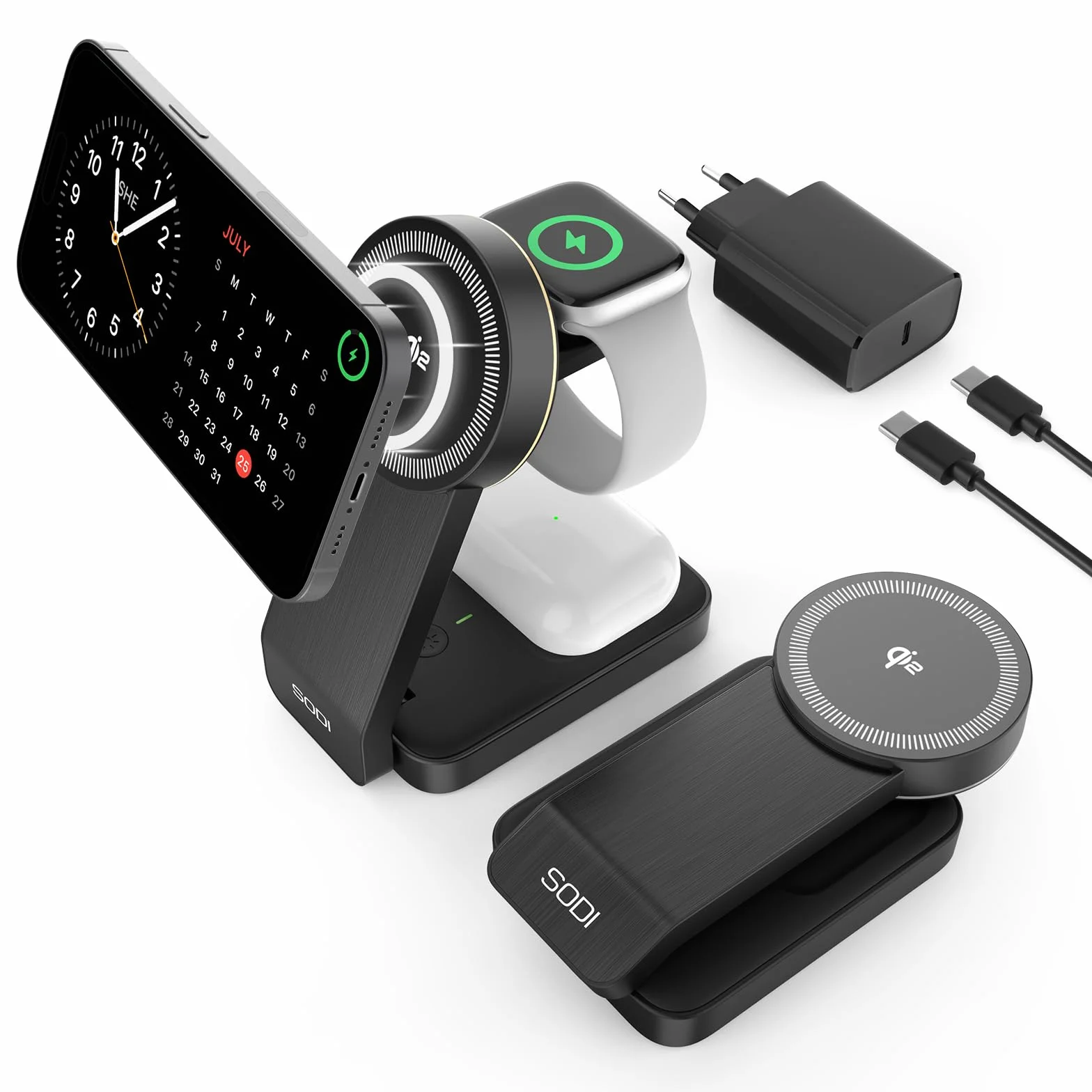 SODI Bezprzewodowa stacja ładująca 3 w 1, certyfikat Qi2, 15 W, składana stacja ładująca do iPhone 16/15/14/13/12, AirPods, Apple Watch