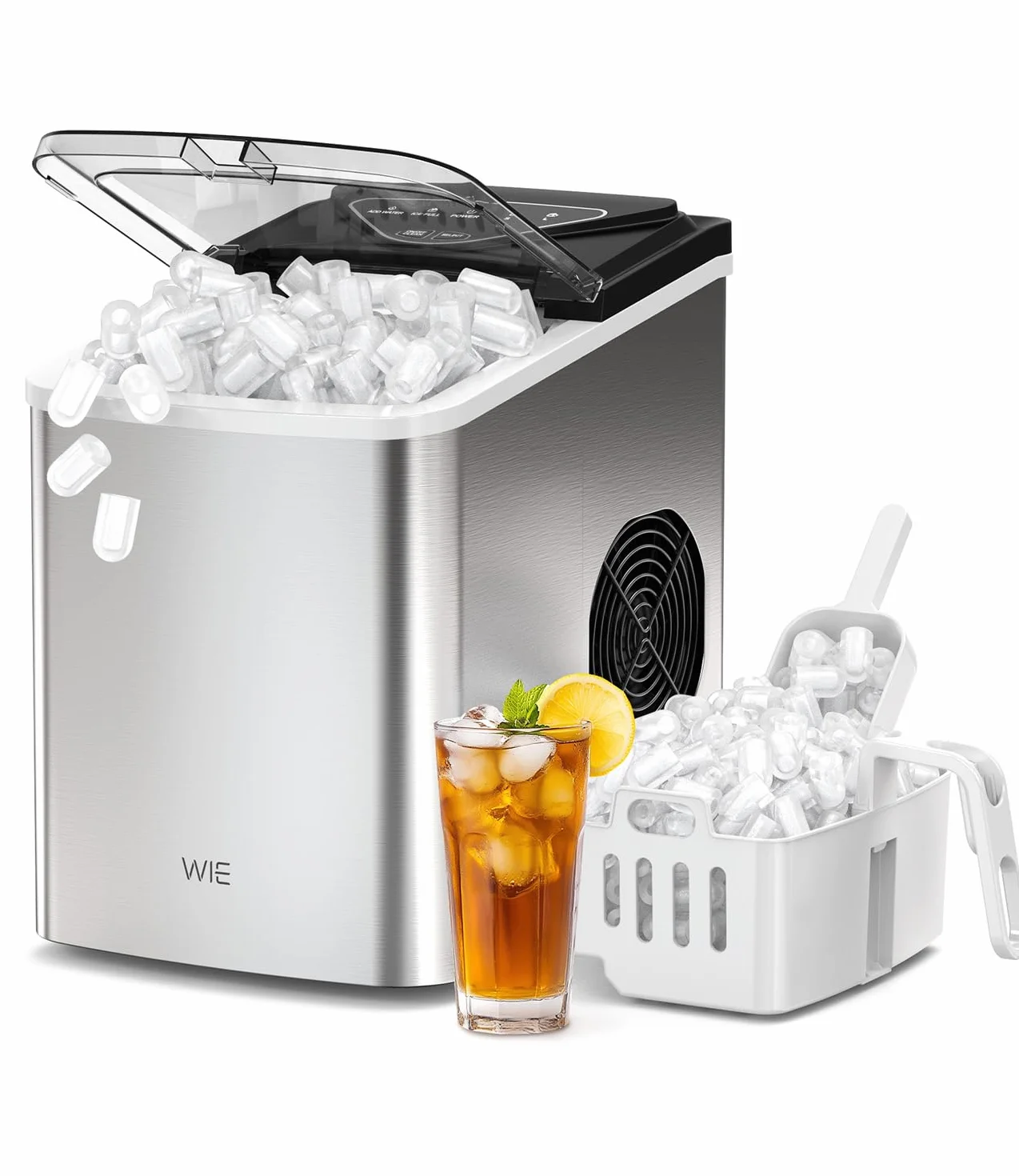WIE Machine à glaçons, 15 kg de glaçons Ice Maker, 9 cubes en 6 min, Machine à glaçons avec poignée portable, Argent, Machine à glaçons pour la maison/cuisine/bureau/camping-car