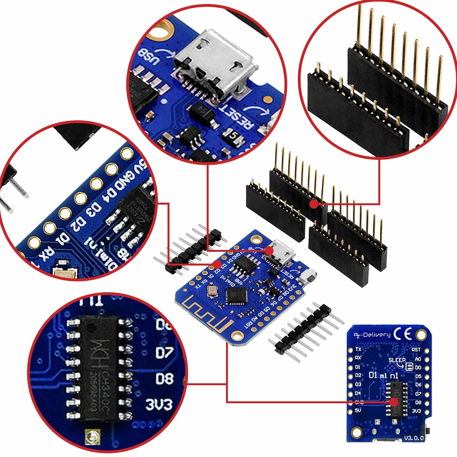 AZDelivery D1 Mini V3 NodeMCU ESP8266EX WLAN Moduł kompatybilny z Arduino w tym E-Book!