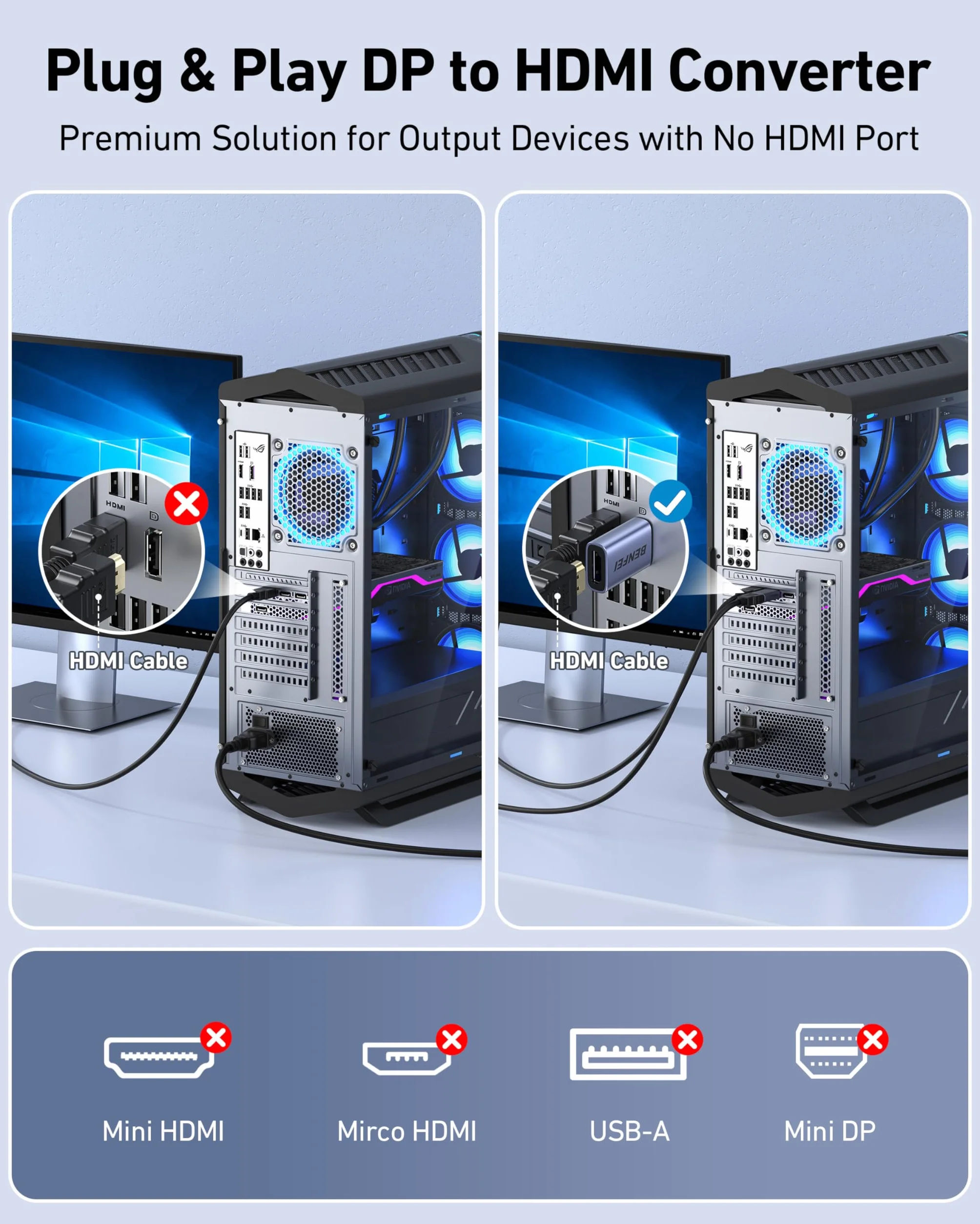 BENFEI Adapter DisplayPort na HDMI 4K 2-pak, jednokierunkowy konwerter ekranu DP 1.2 na HDMI 1.4, kompatybilny z laptopem, komputerem stacjonarnym, monitorem, HDTV, AMD/NVIDIA Graphics