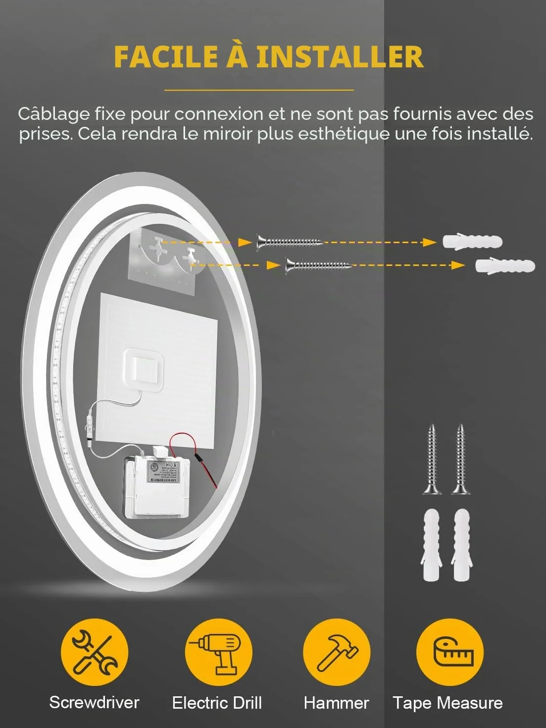 Miroir de salle de bain rond à LED, 60 x 60 cm, mural, antibuée, lumière variable en 3 couleurs, miroir antibuée avec lumières rétroéclairées, pour salle de bain