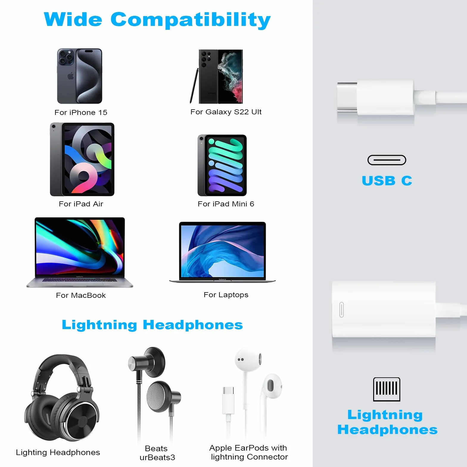 AXFEE Adaptateur Jack Audio USB C, 3in1 Type-C vers Lightning avec DAC Puce pour iPhone 15 Pro Max Plus iPad MacBook
