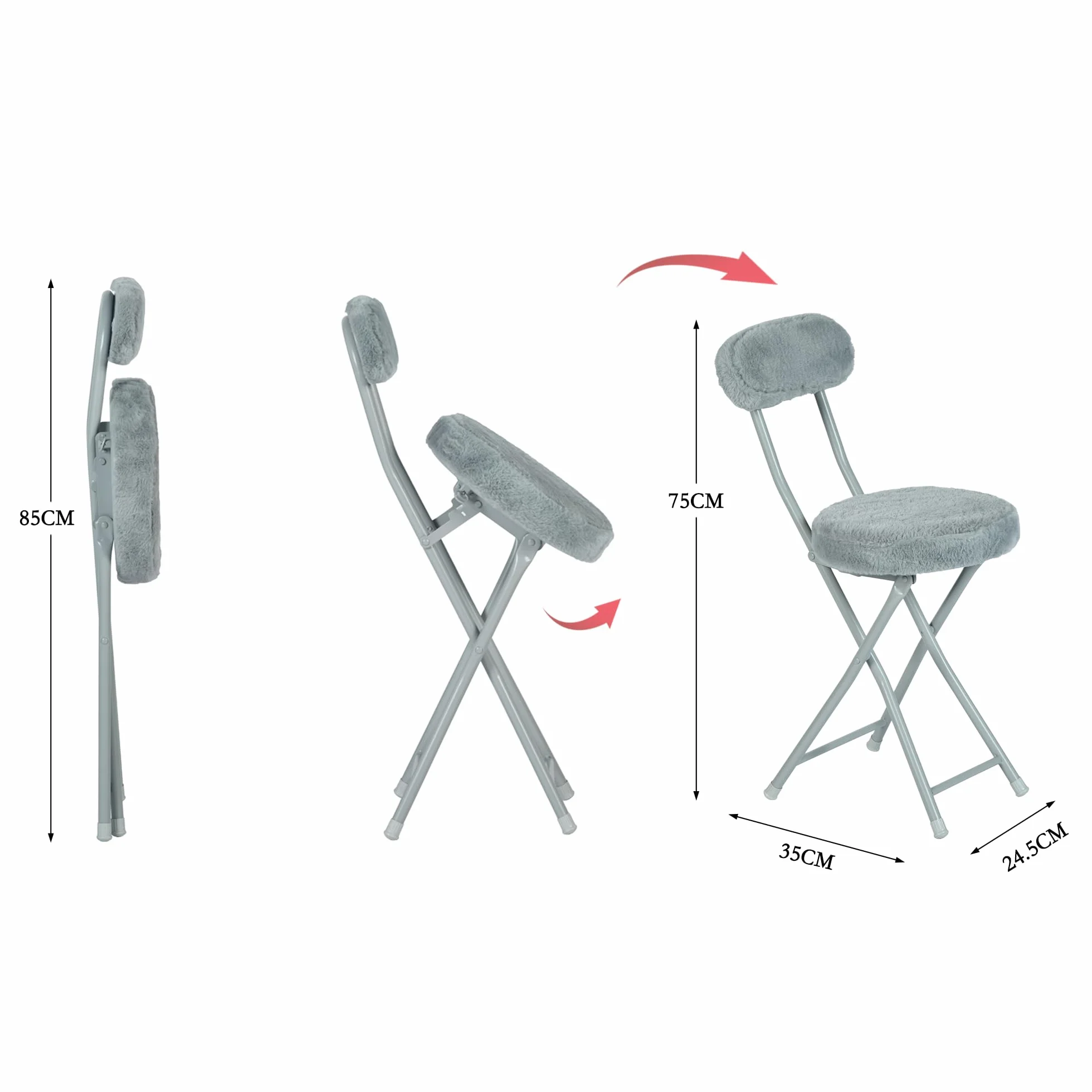 Meuble Cosy Lot de 4 Chaises Pliante Tabourets Pliable Coussin Rond en Fourrure avec Dossier et Repose-Pieds, Siège de 49 cm de Haut, Style Scandinave, Gris