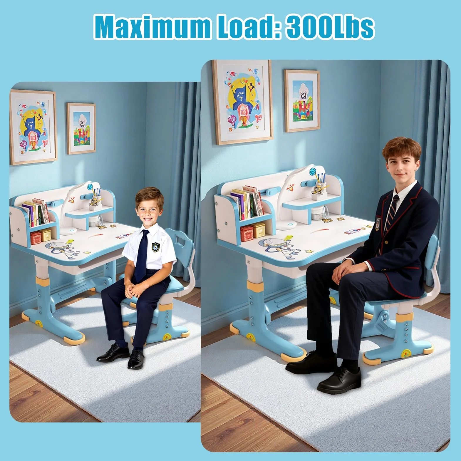 Bureau avec chaise pour enfants de 3 à 12 ans, réglable en hauteur, bureau fonctionnel et ensemble chaise – Panneau dense, distance dorée, séparation scientifique, école pour enfants
